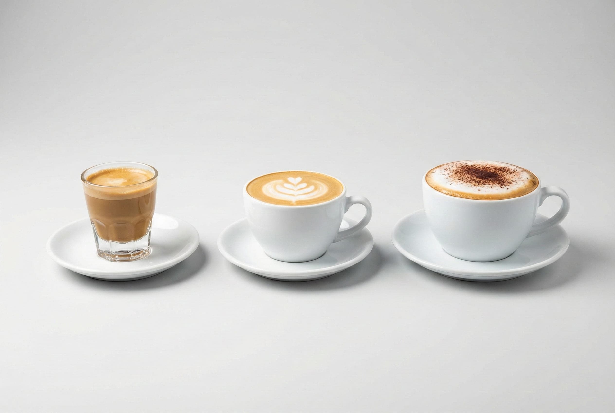 Professional size comparison showing cortado (4oz), flat white (6oz), and cappuccino (6oz) cups demonstrating volume differences and traditional serving vessels for specialty espresso drinks