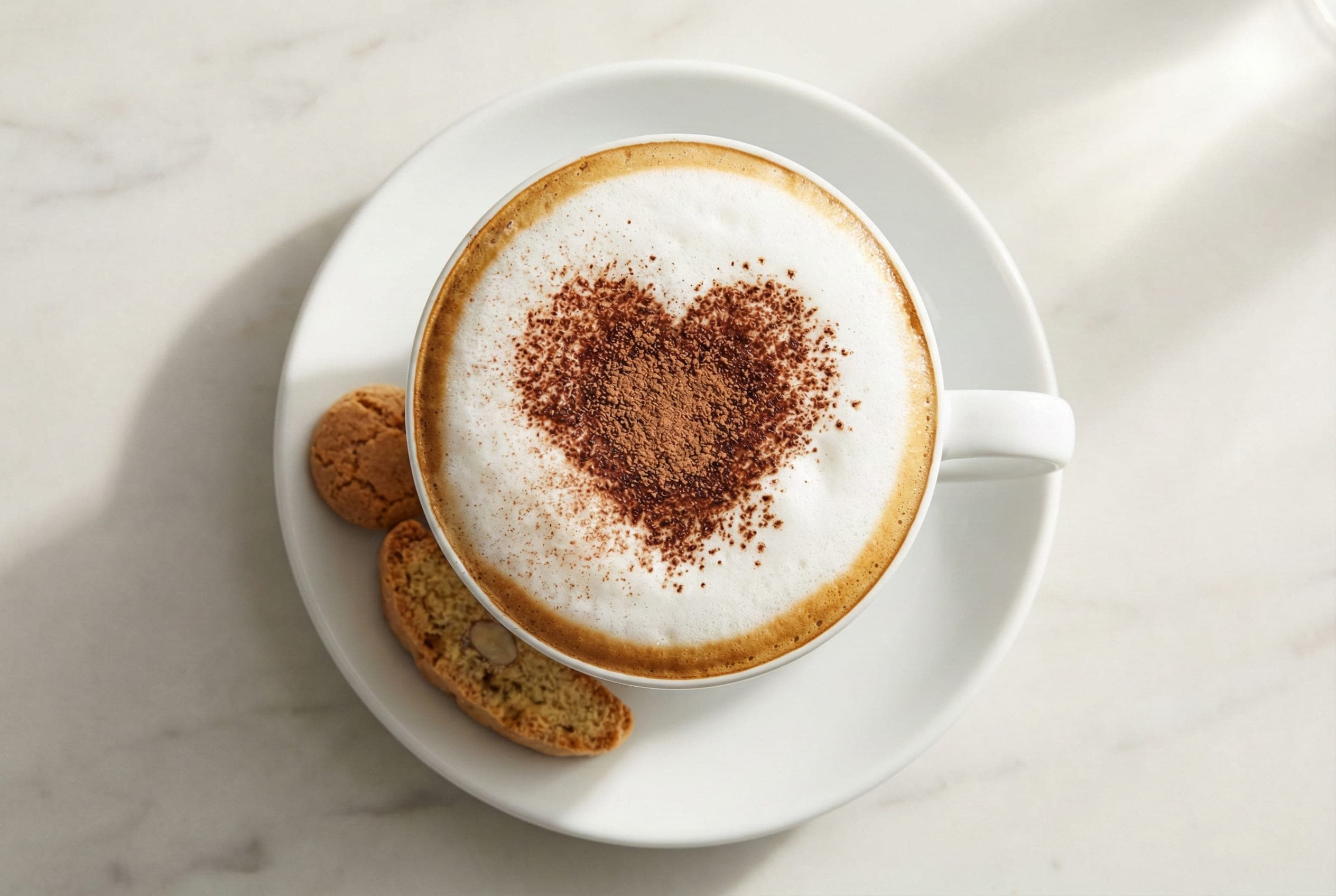 Traditional Italian cappuccino in classic white porcelain cup with thick dense foam layer, cocoa powder dusting, and proper 1:1:1 ratio of espresso, steamed milk, and foam from specialty coffee preparation
