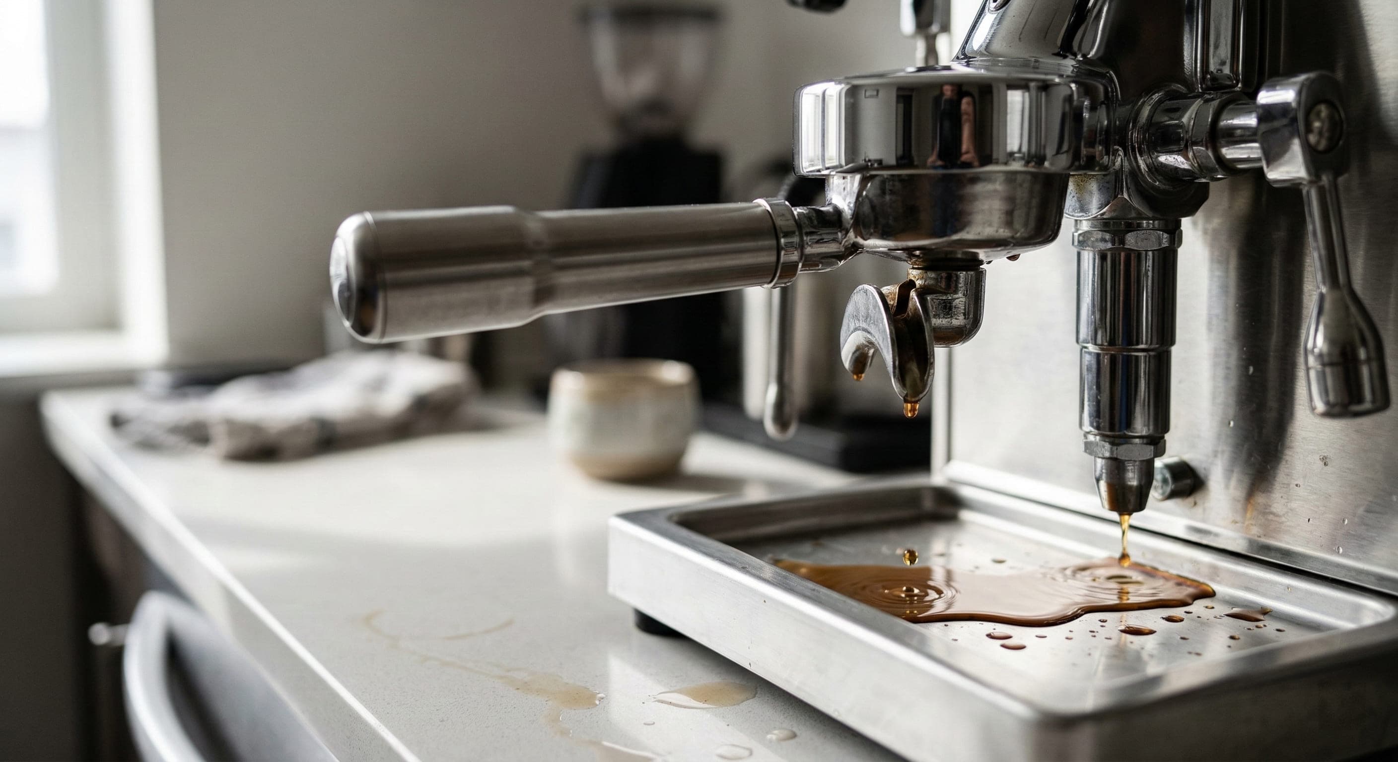 Blind basket inserted in portafilter locked into espresso machine group head during backflushing with cleaning powder