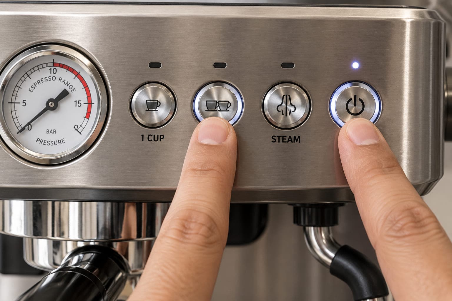 Finger and thumb holding two buttons on a stainless espresso machine control panel