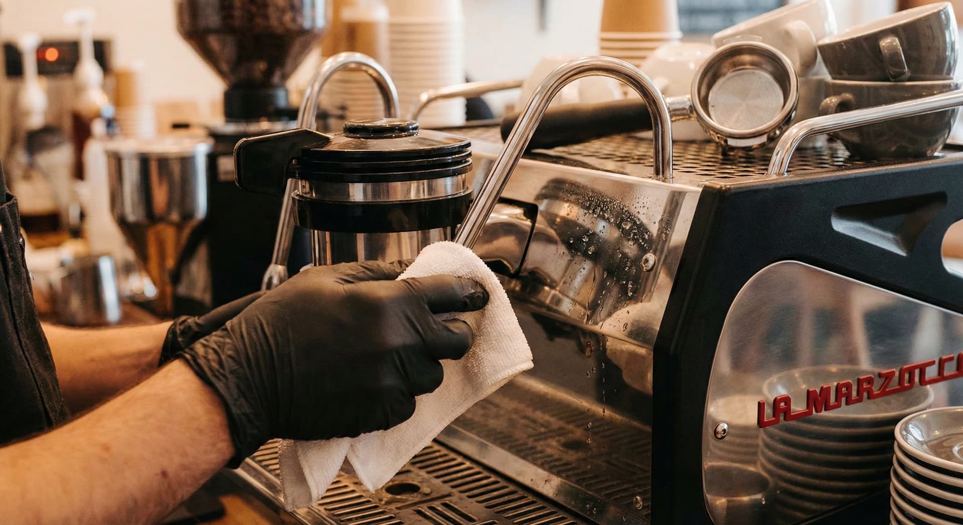 Barista performing daily espresso machine maintenance: wiping the steam wand with a white cloth immediately after use, with clean group head and freshly rinsed portafilter visible in background—proper coffee machine cleaning routine