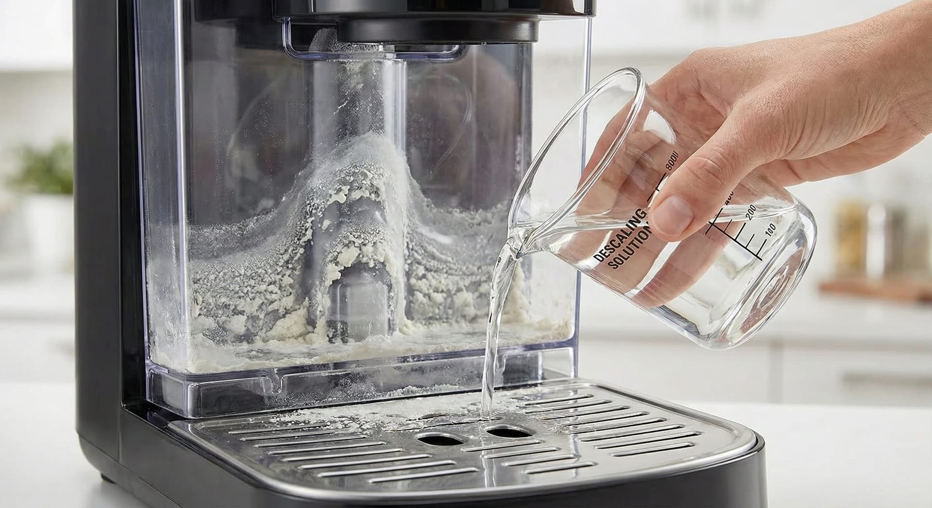 Person pouring descaling solution into a drip coffee maker water reservoir with white limescale deposits visible on heating plate—step-by-step coffee machine descaling guide