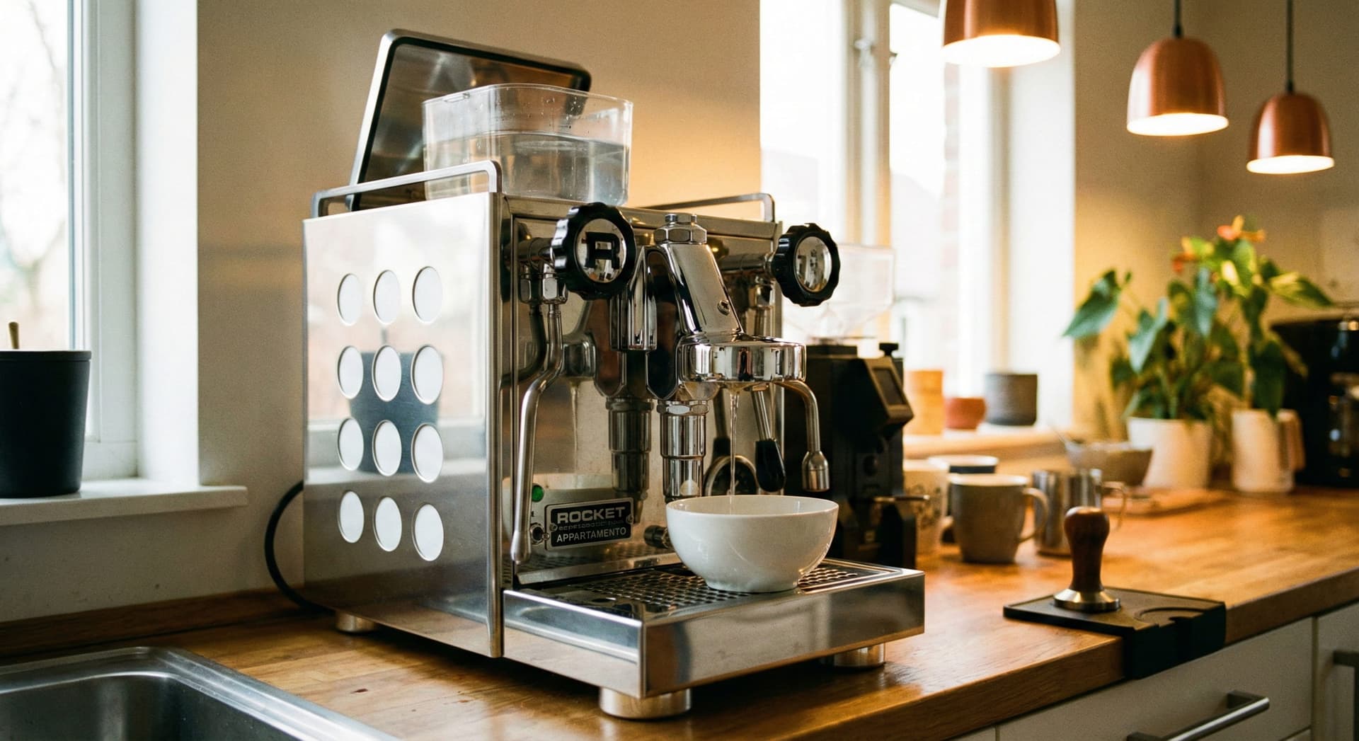 Semi-automatic espresso machine with portafilter removed and water reservoir filled with descaling solution, collection container positioned under group head catching descaling solution running through internal boiler and pipes—espresso machine limescale removal