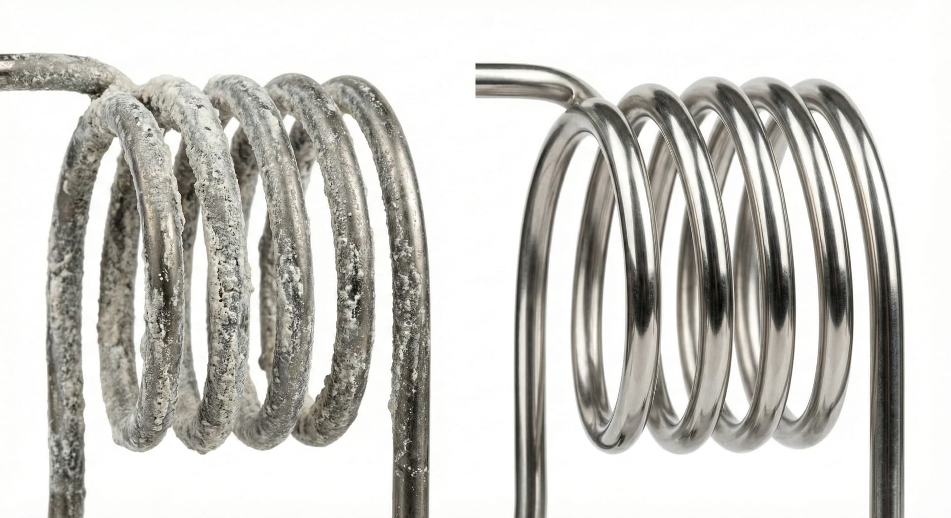 Split comparison of coffee machine heating element: left side coated in thick white-grey limescale deposits reducing thermal efficiency, right side clean stainless steel after successful descaling treatment—visual evidence of mineral buildup impact