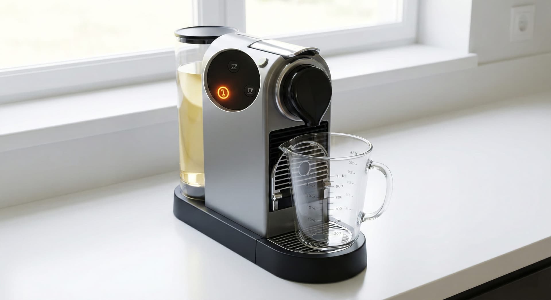 Nespresso Original Line machine with orange descaling indicator light lit, water reservoir filled with descaling solution, and collection container positioned under coffee outlet ready for descaling cycle—Nespresso limescale removal process