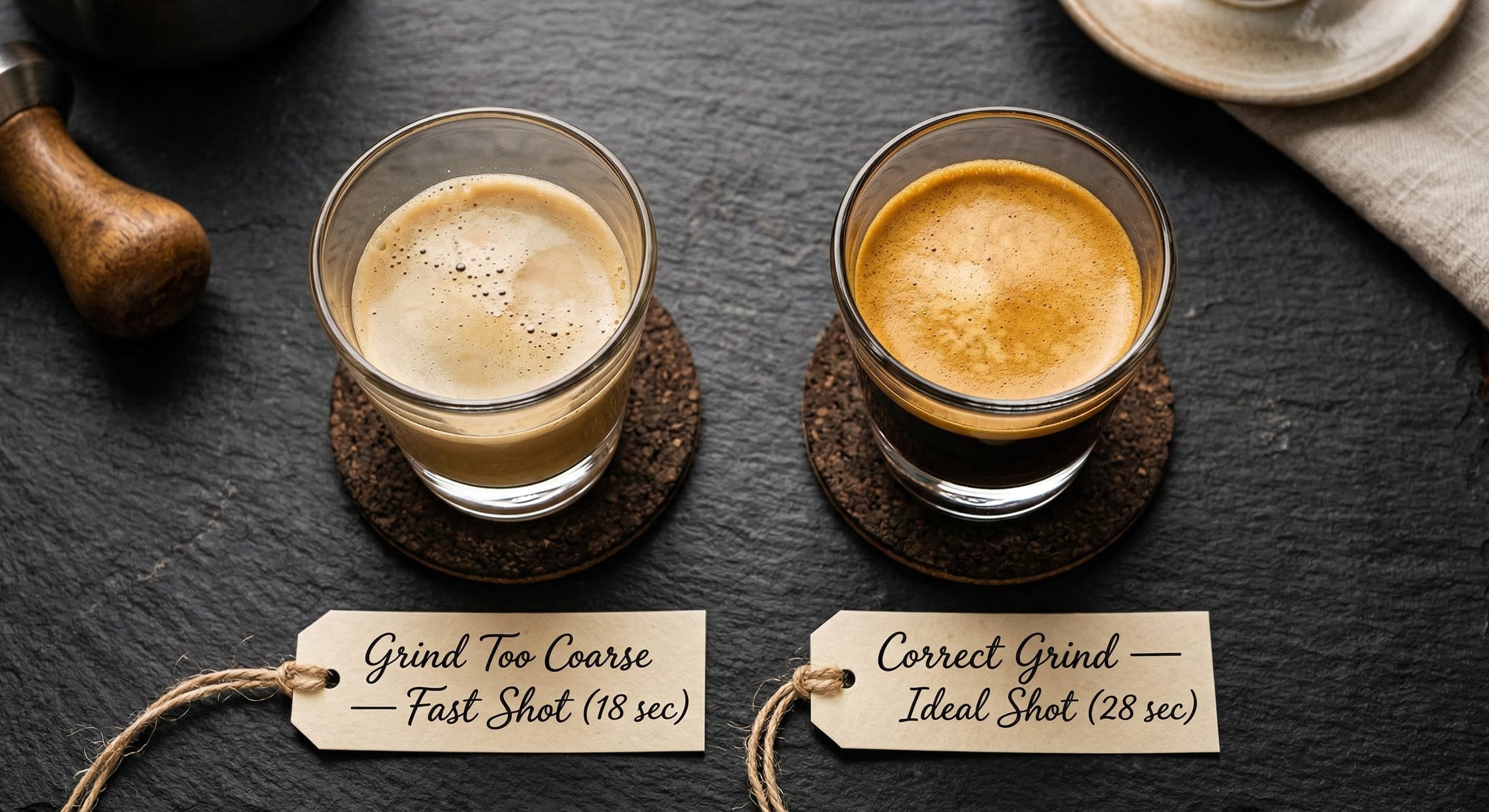 Side-by-side comparison of an under-extracted pale espresso shot (grind too coarse, 18 sec) and a correctly extracted espresso shot (dialled in, 28 sec) — visual guide to espresso grind adjustment