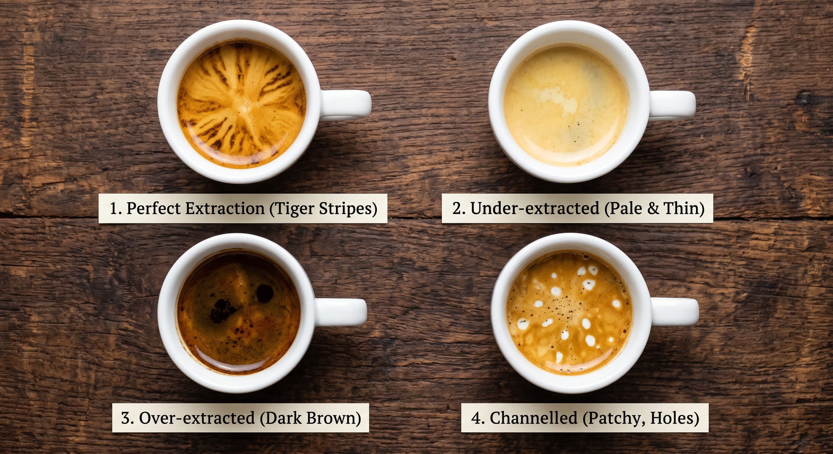 Four espresso cups in a row showing different crema types: ideal golden tiger-stripe crema, pale thin crema, very dark over-extracted crema, and patchy channelled crema with white holes — visual guide to reading espresso crema quality