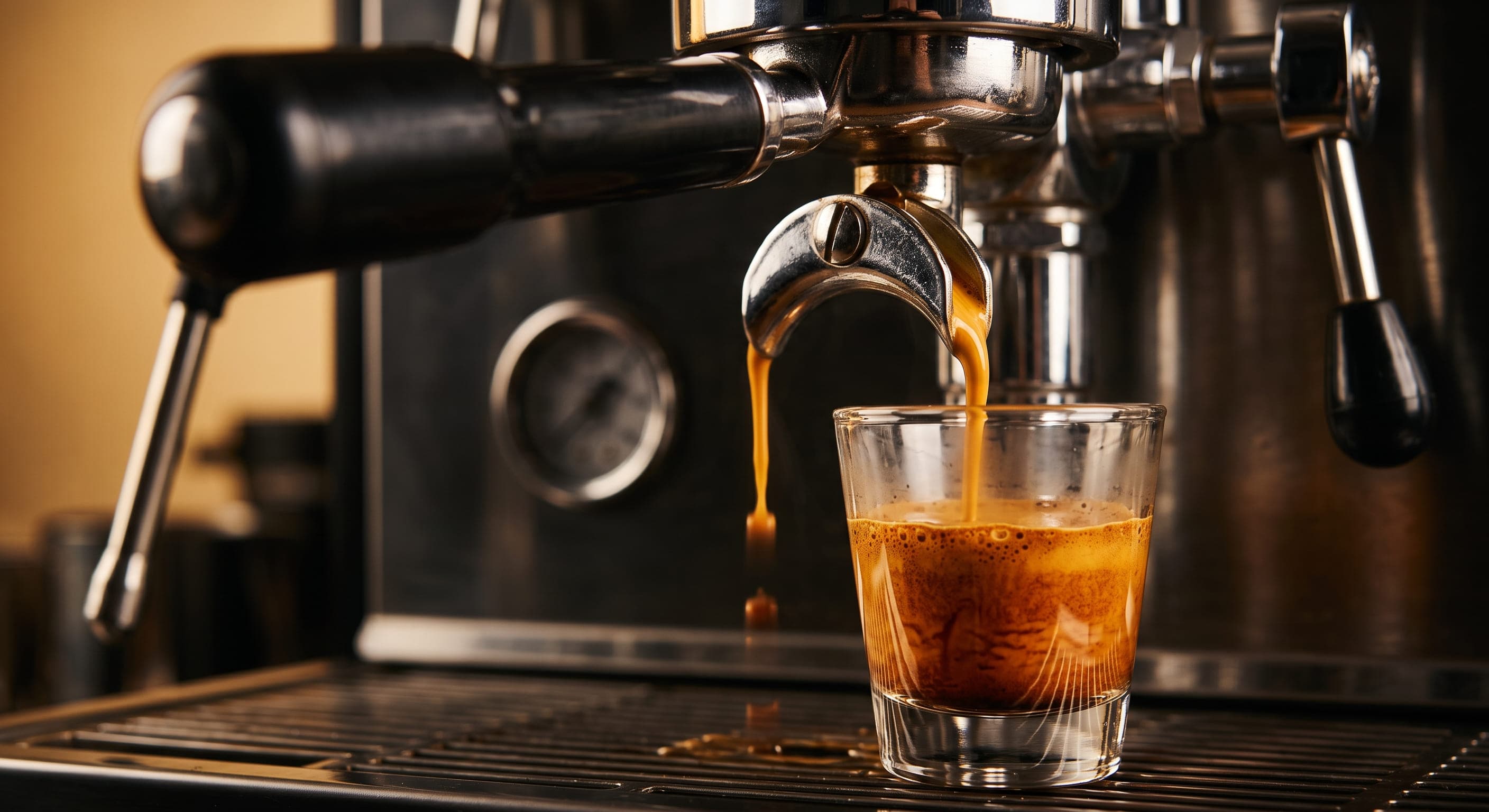 Espresso pouring into a glass beneath a portafilter on an espresso machine