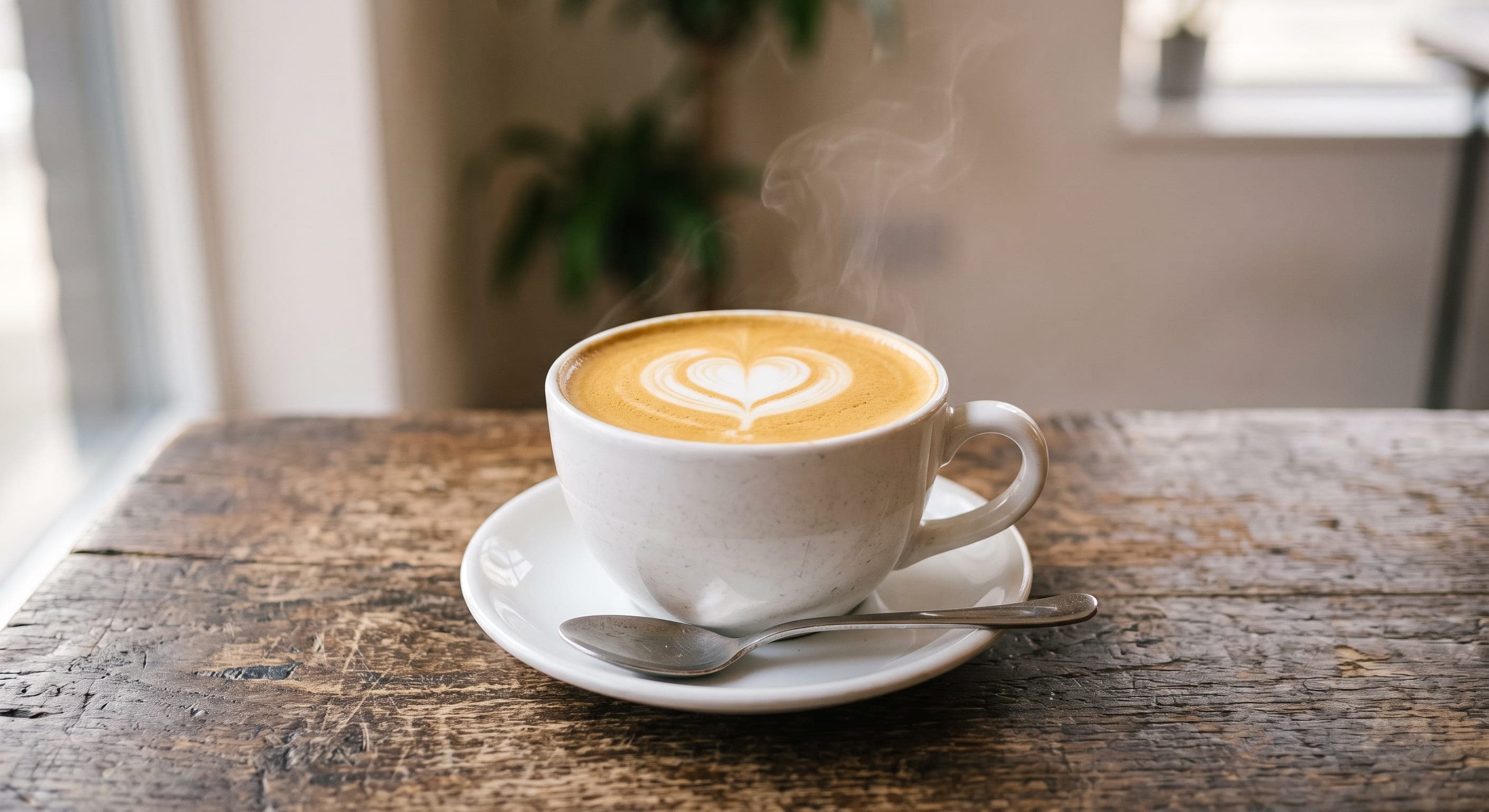 Latte with heart latte art in a white cup on a saucer on a rustic table
