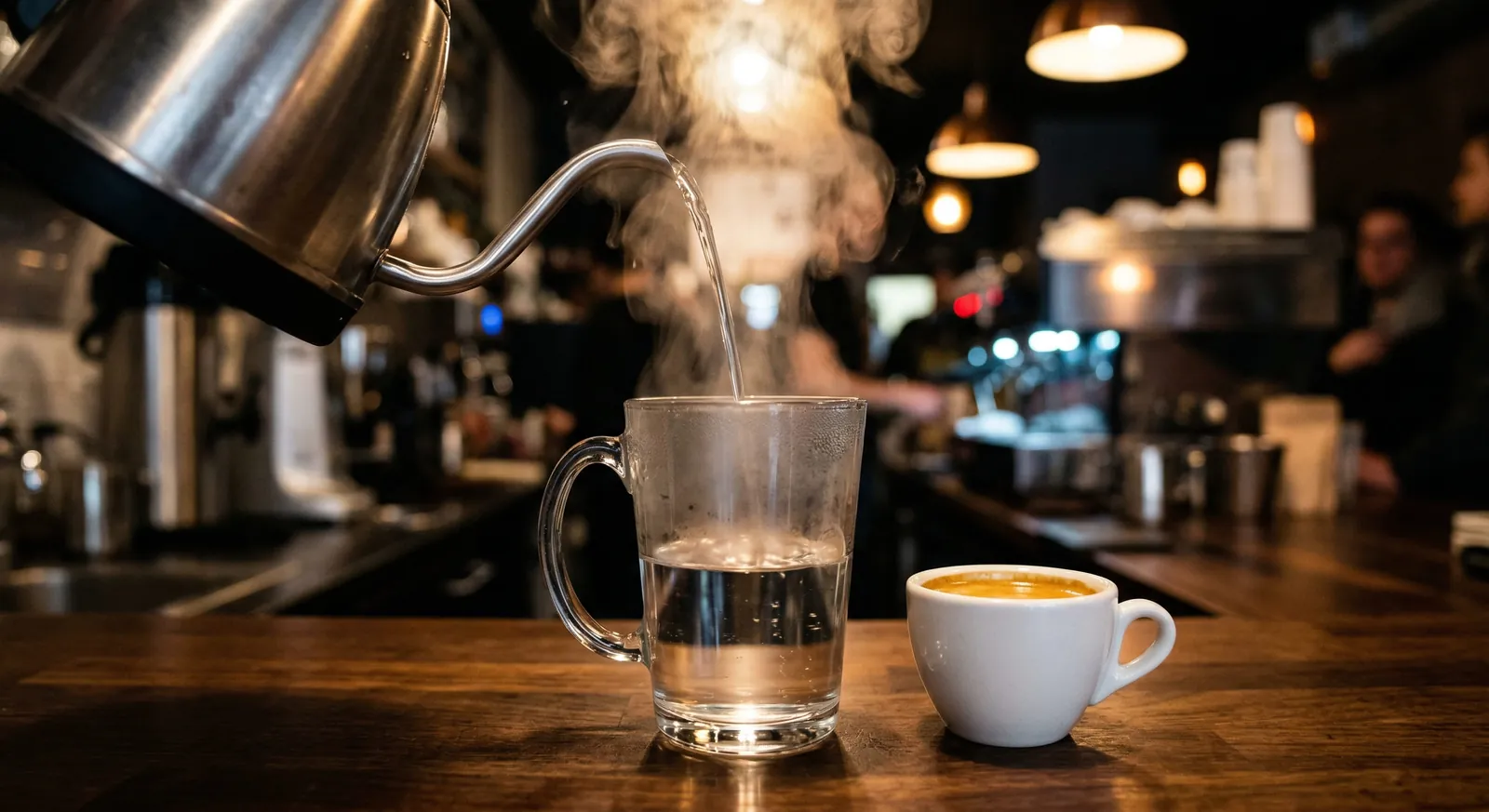 Kettle pouring hot water into a glass beside a cup of espresso on a café counter