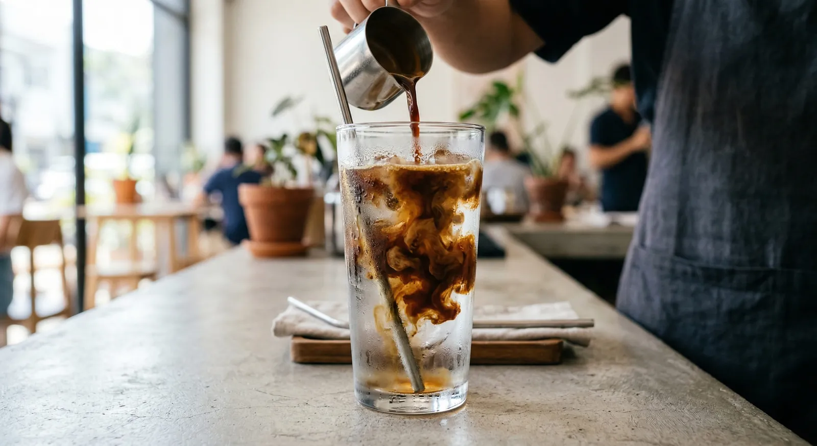 Espresso being poured over ice and water in a tall glass with a straw