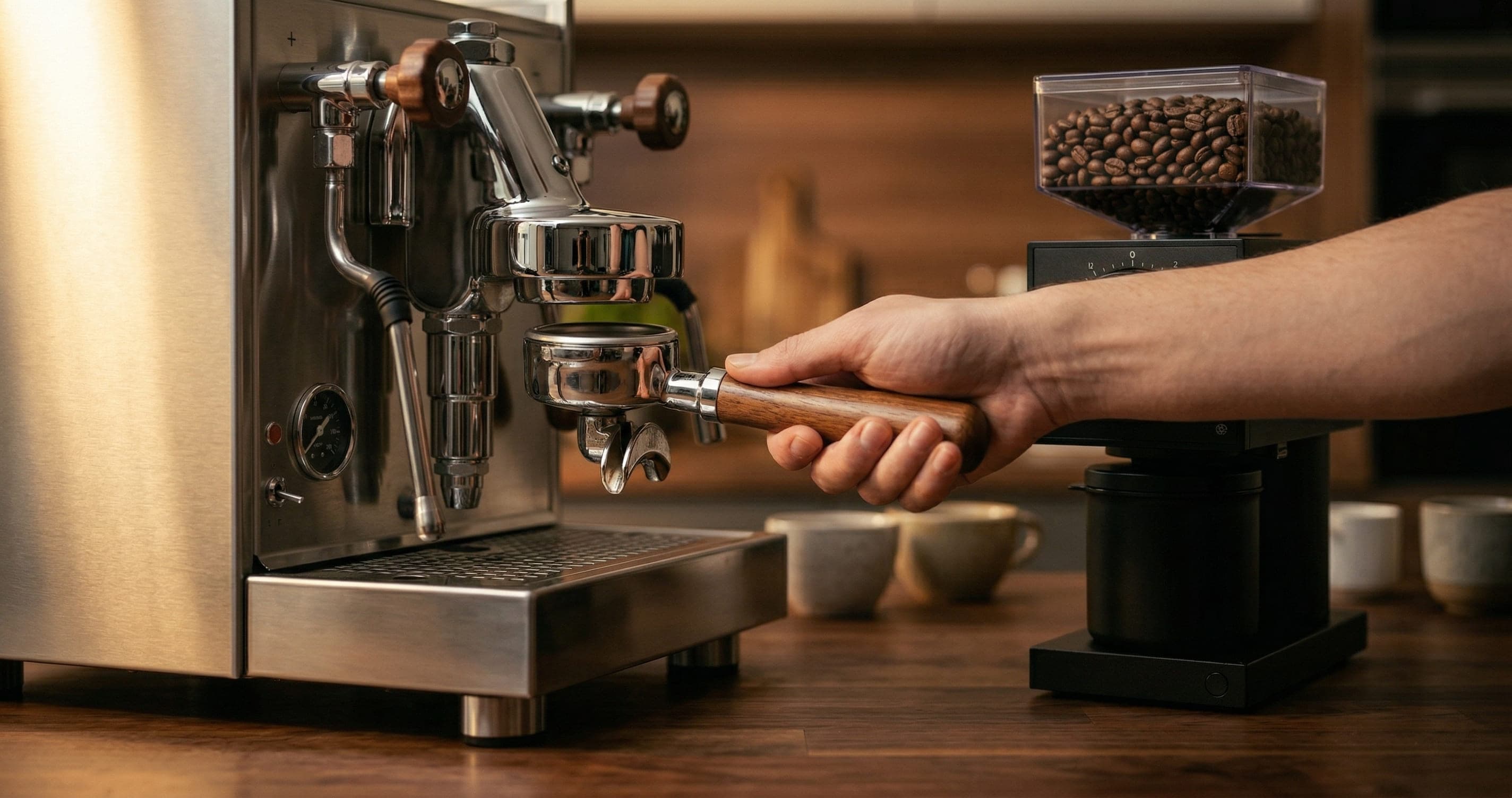 Home espresso machine and burr grinder setup on a kitchen counter