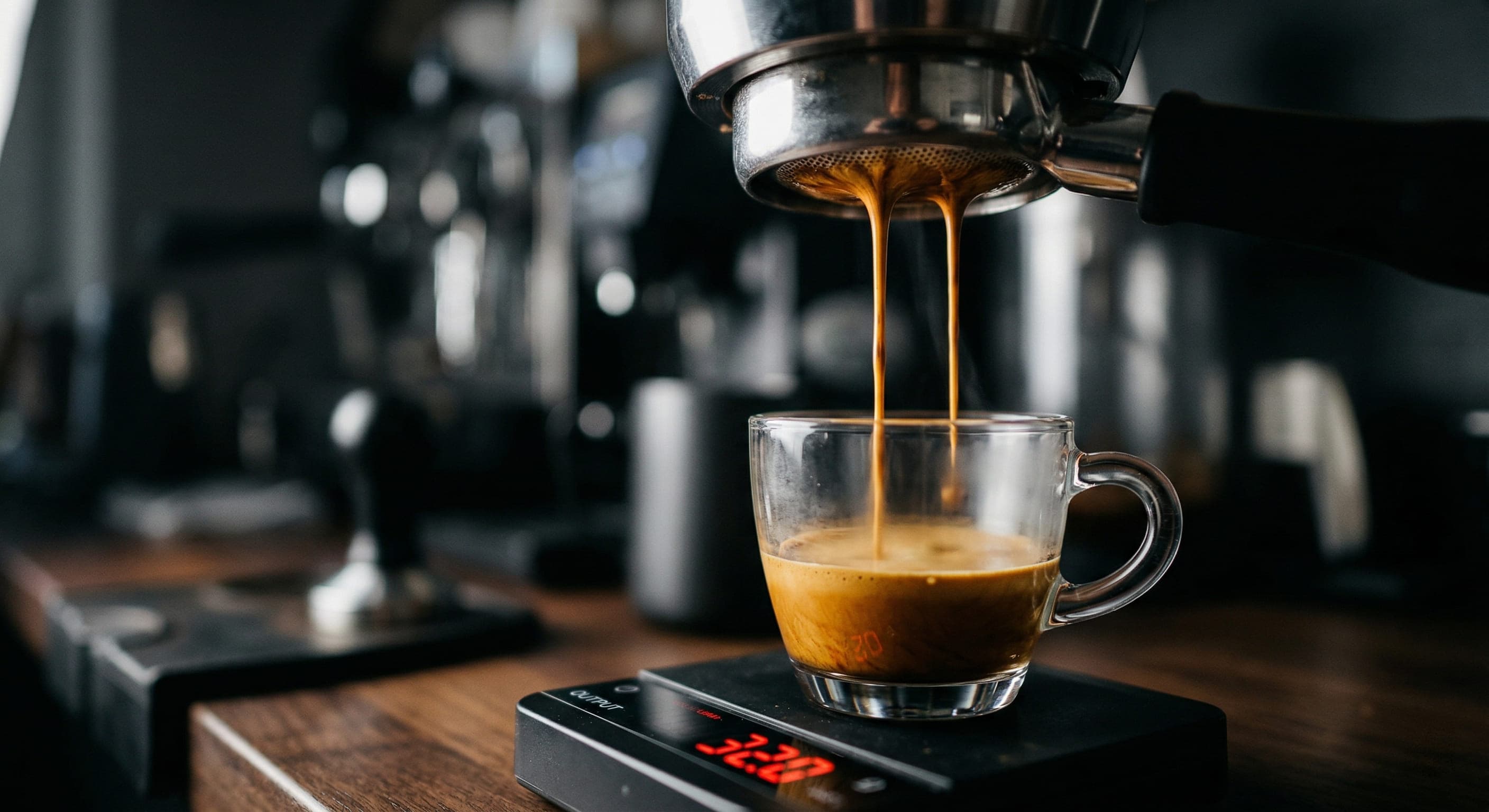 Espresso pouring from a portafilter into a glass cup sitting on a digital scale