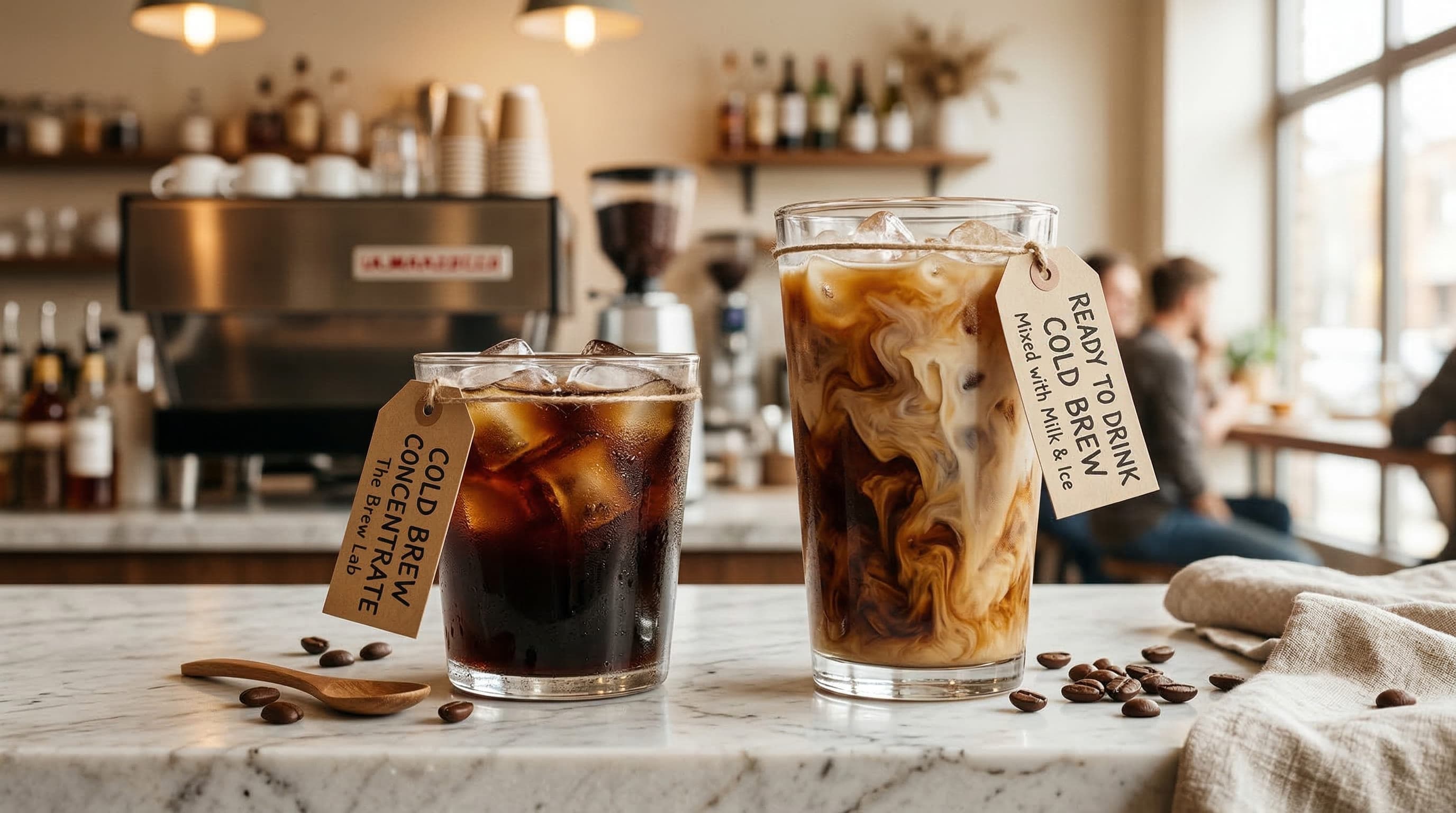 Two glass tumblers side-by-side on marble counter — left shows dark cold brew concentrate over ice, right shows lighter ready-to-drink cold brew with milk swirling in — cold brew concentrate vs regular