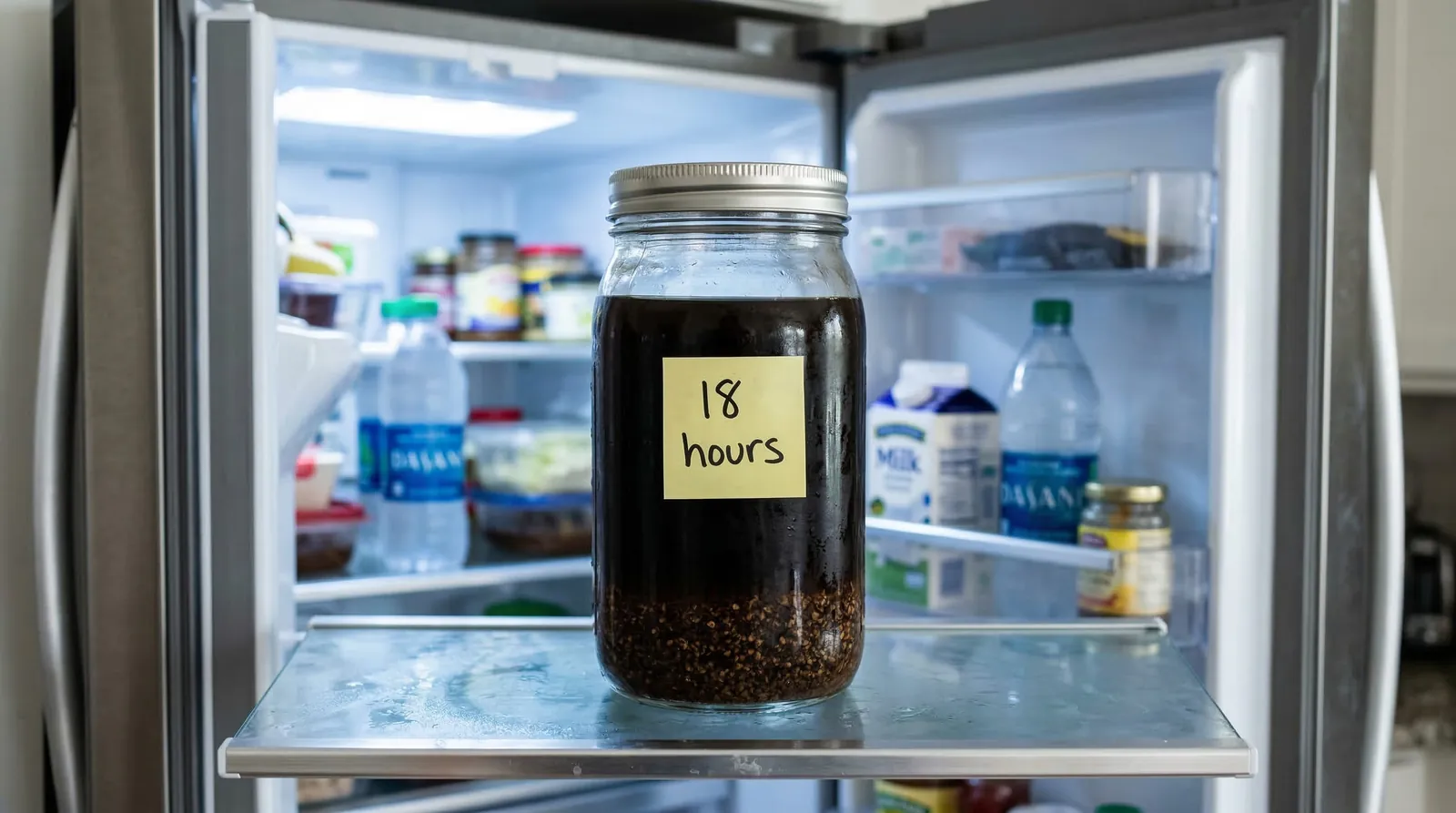 Glass jar of cold brew steeping in a refrigerator with an 18 hour note