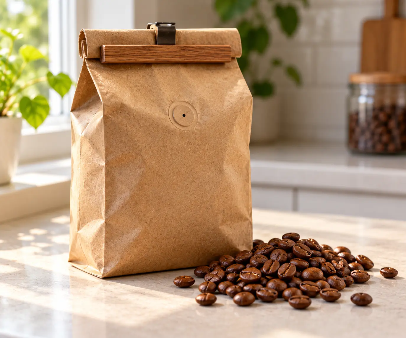 Kraft-paper coffee bag with a round one-way valve, rolled down and closed with a wooden clip