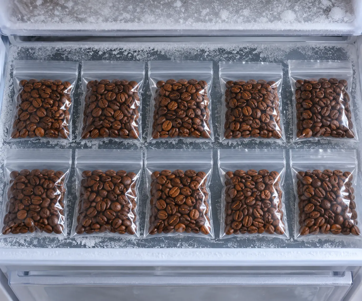 Small sealed bags of whole coffee beans lying flat on a frosty freezer shelf