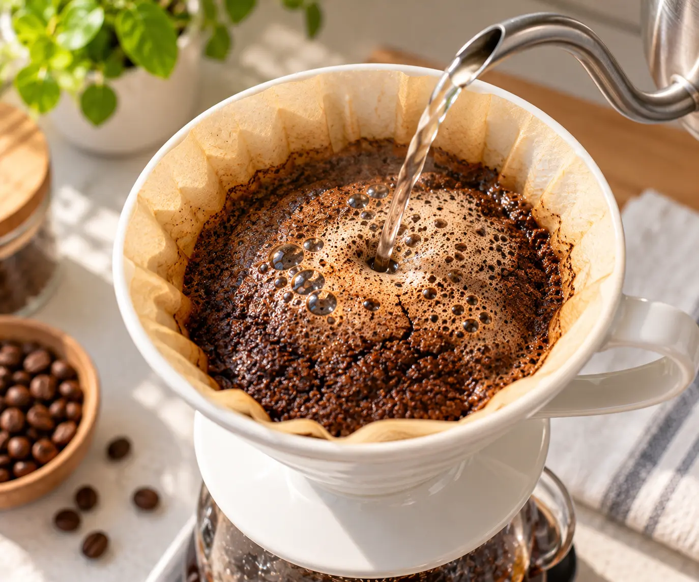 Fresh coffee grounds swelling and bubbling in a white pour-over dripper as hot water is poured