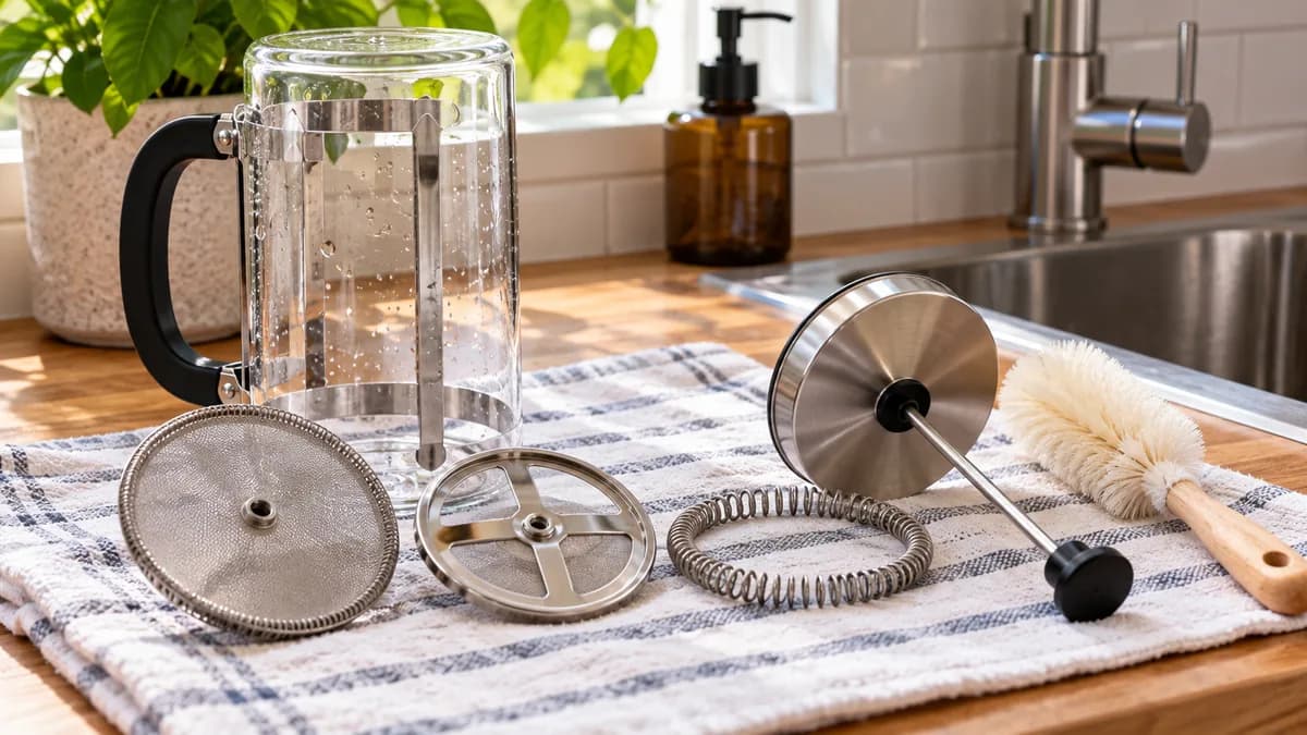 French press plunger parts laid out on a tea towel next to a cleaning brush