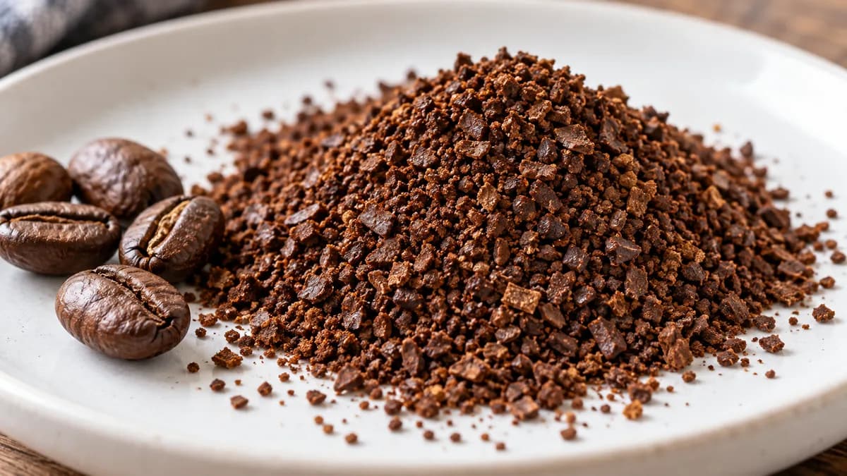 Pile of coarse, even coffee grounds on a white plate next to whole beans