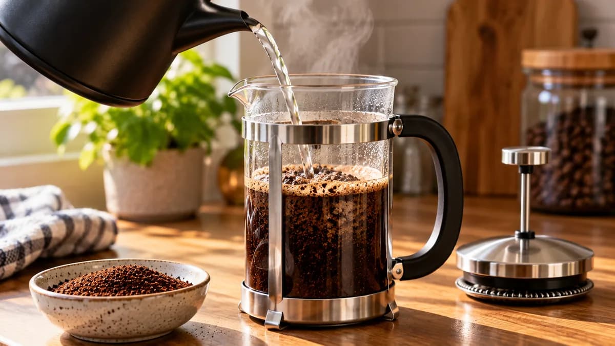 Hot water poured from a black kettle into a glass French press of coffee grounds