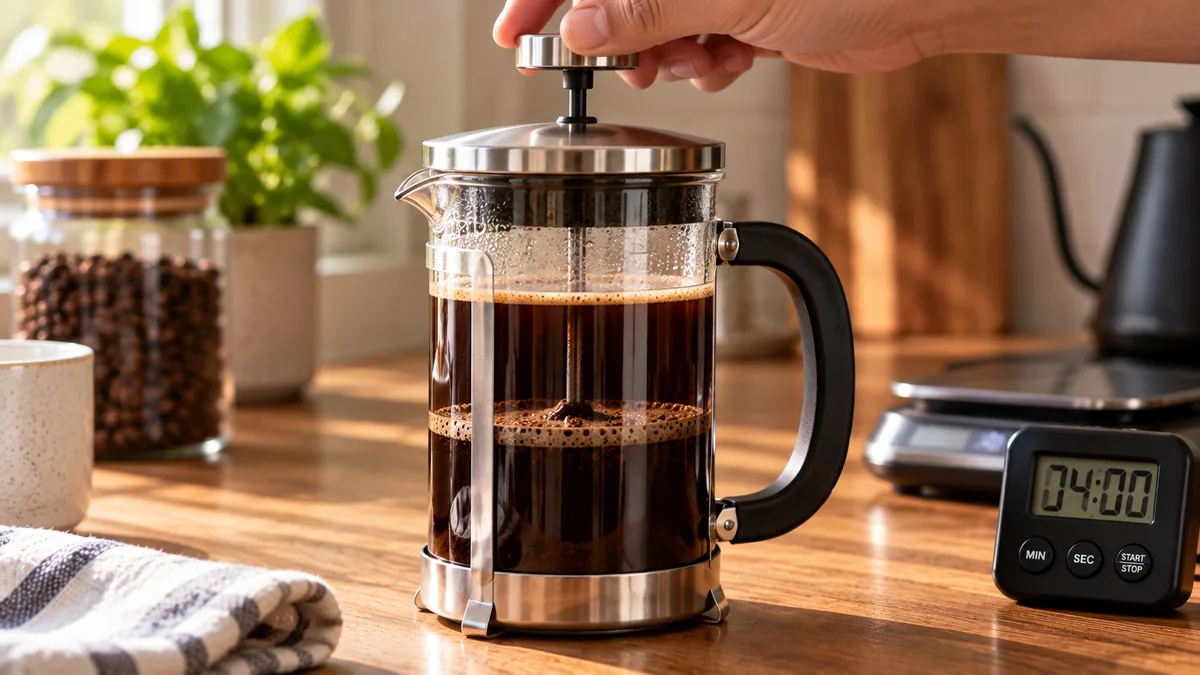 Hand pressing the plunger of a glass French press next to a kitchen timer