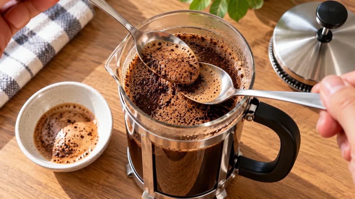Two spoons skimming foam and floating grounds from the top of a French press