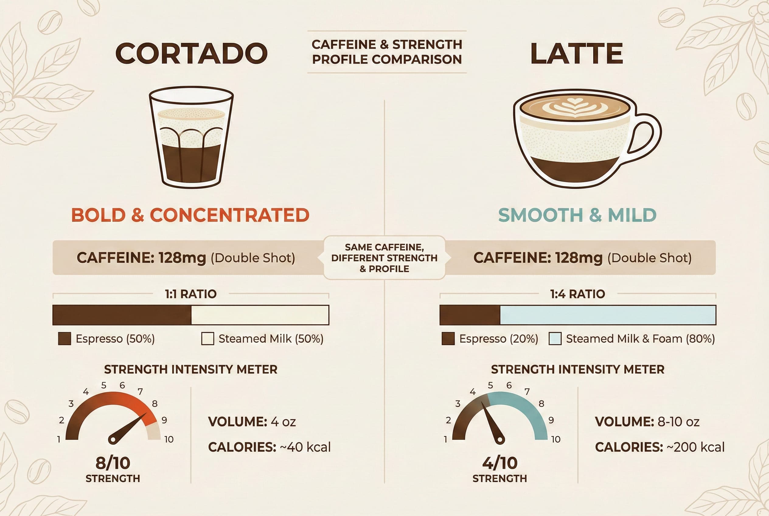 Infographic showing identical caffeine content but different perceived strength due to milk ratios