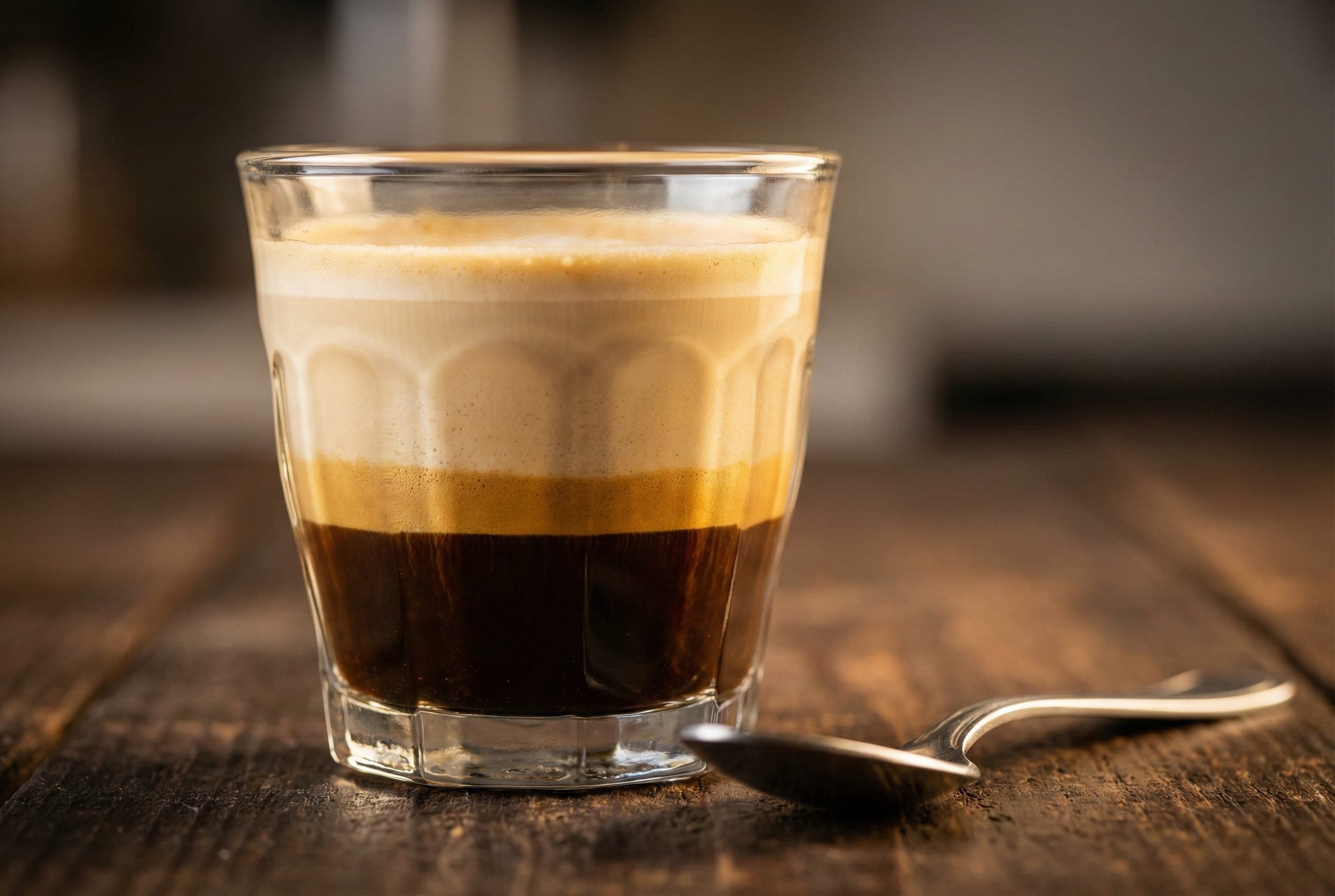 Close-up of cortado in glass showing dark espresso base and equal ratio of milk demonstrating strength