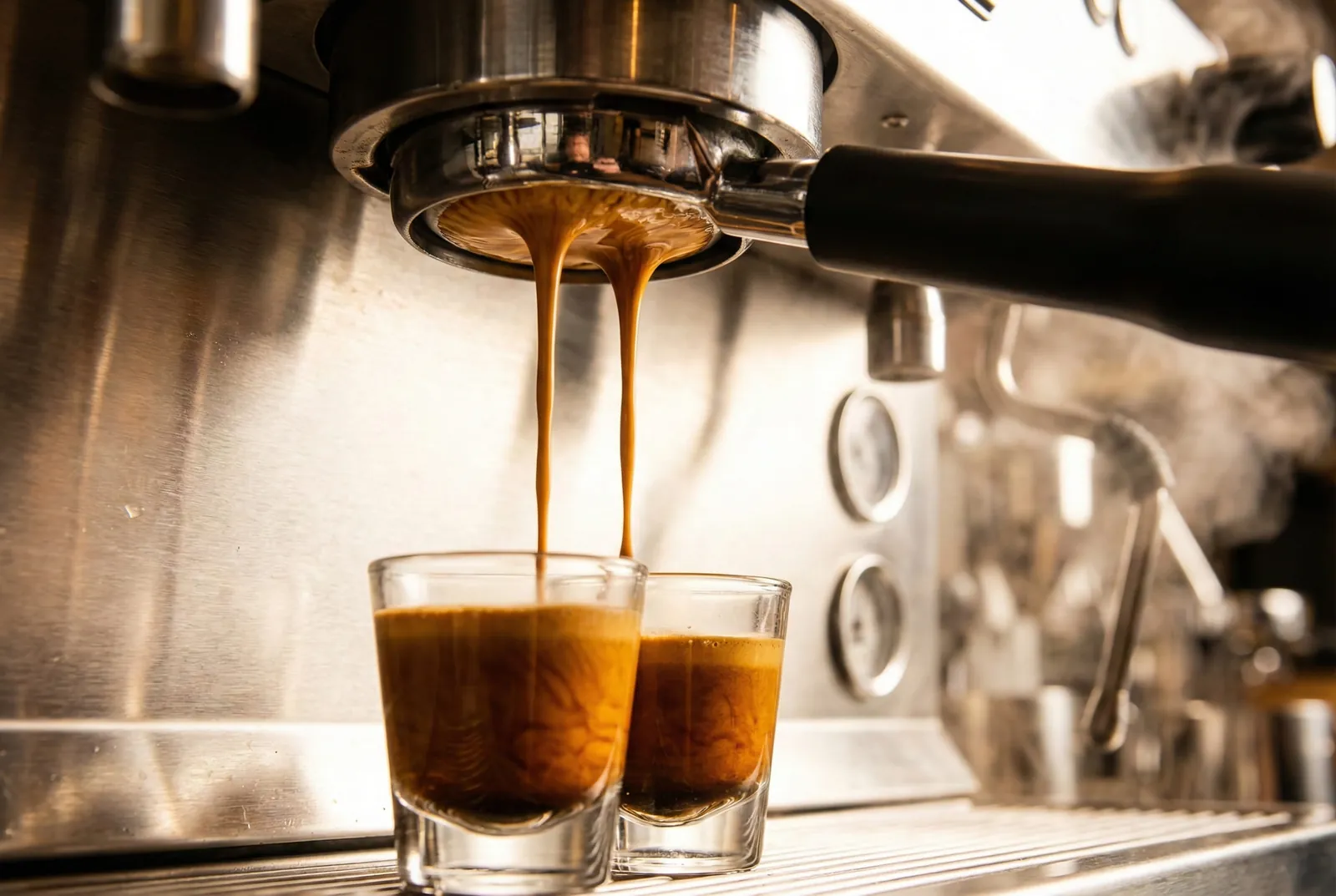 Two espresso shots pouring into small glasses from a double spout portafilter