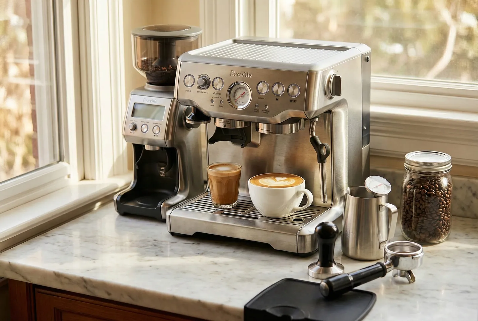 Home espresso machine with a built-in grinder, milk pitcher, tamper, and a cortado and latte on the drip tray