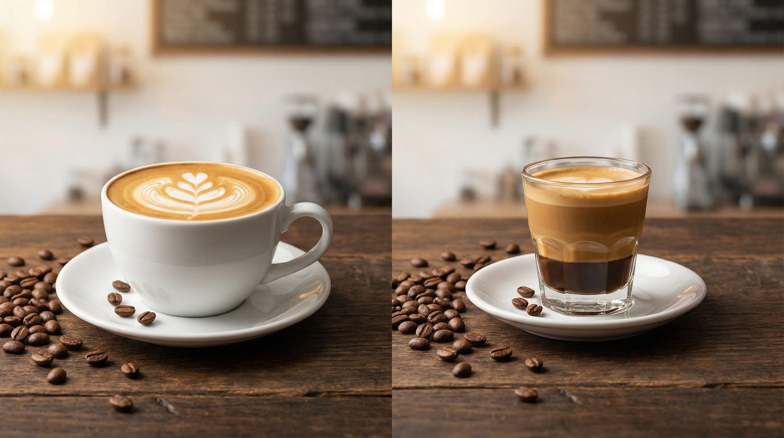 Side-by-side comparison of latte in large cup and cortado in small glass showing size and strength differences