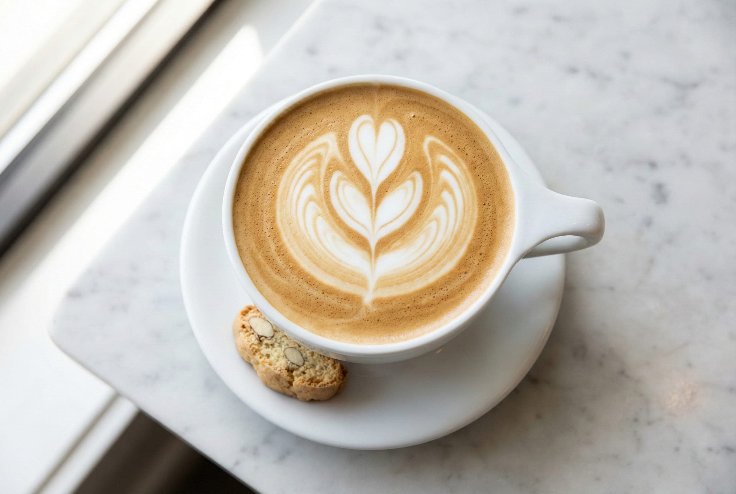 Large latte with velvety microfoam and latte art showing smooth, milky character