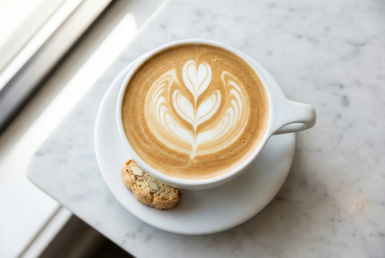 Latte with leaf latte art in a white cup on a marble counter
