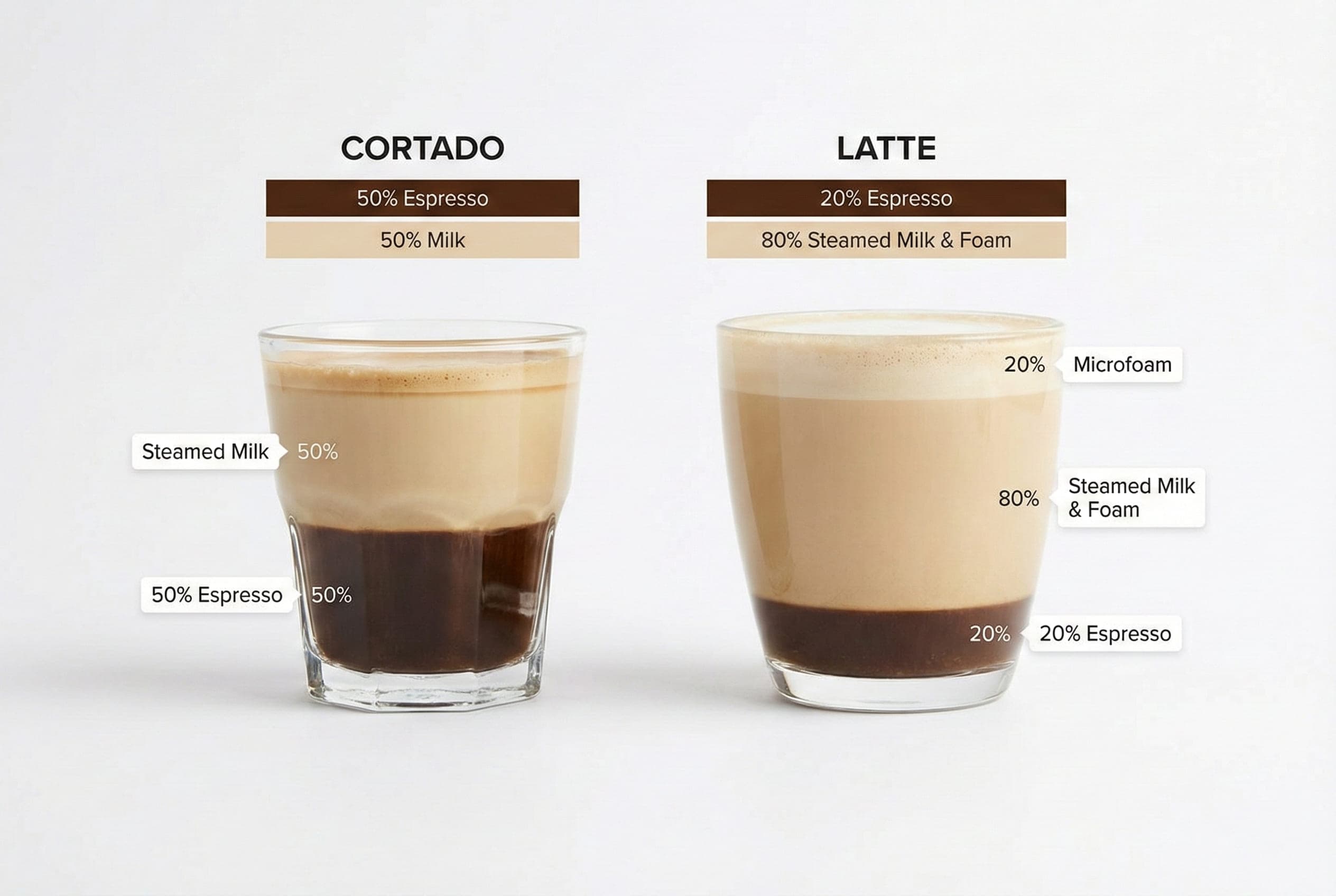 Side-by-side cross-section showing milk-to-espresso ratios in cortado versus latte