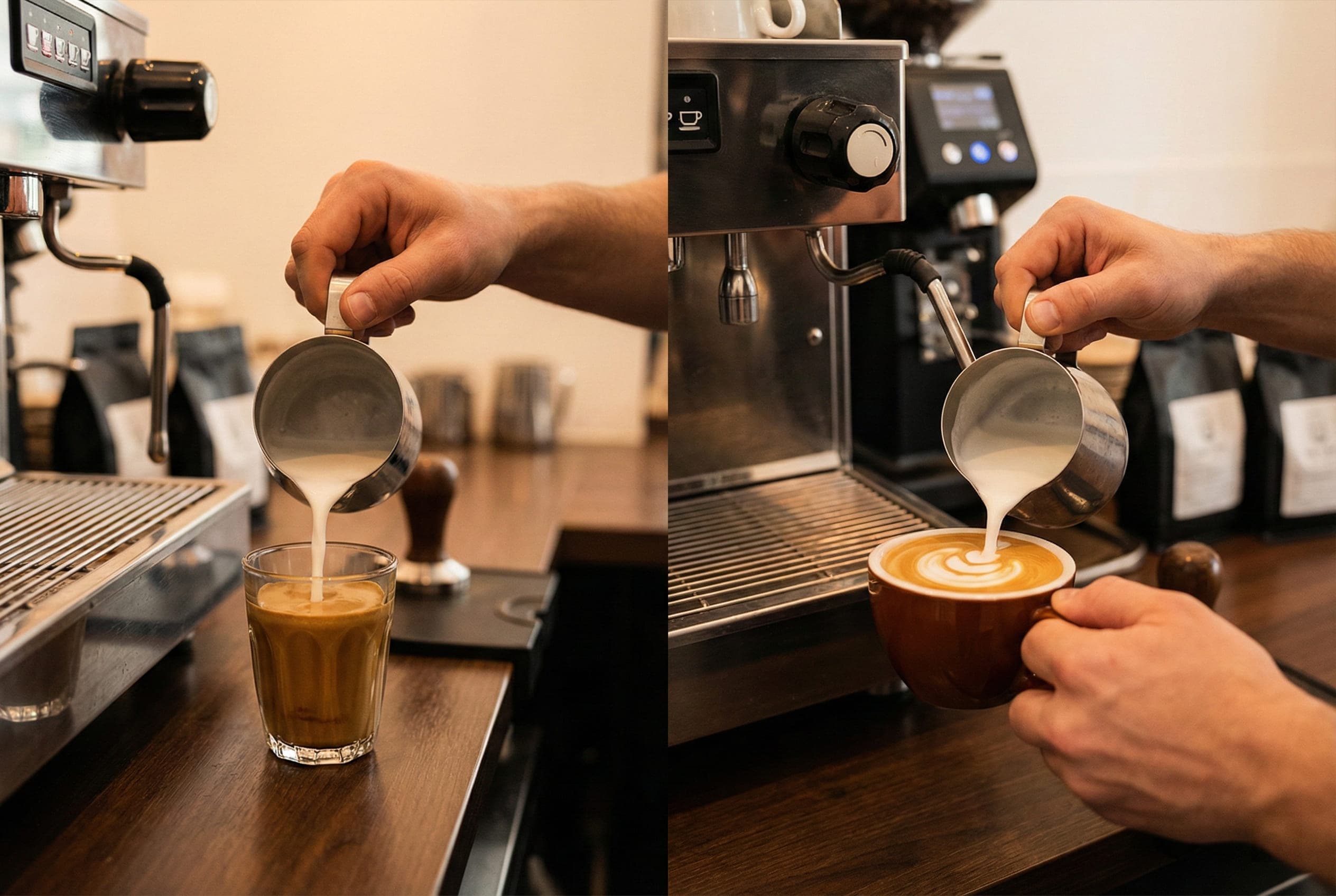 Barista preparing both drinks showing different milk steaming approaches for each