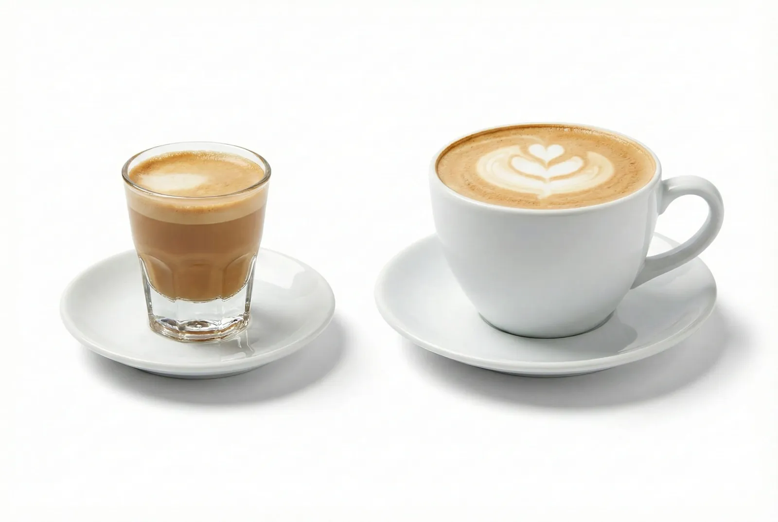 Cortado in a small glass next to a larger latte with latte art in a cup