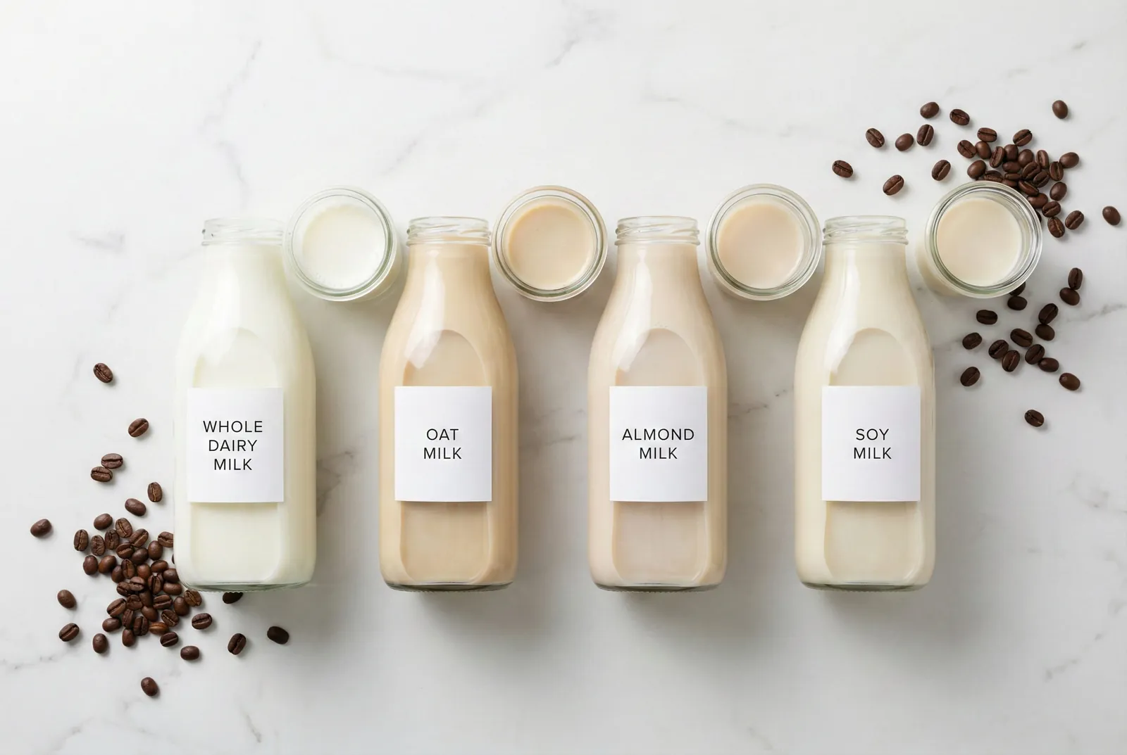 Bottles of whole dairy, oat, almond and soy milk on a marble counter