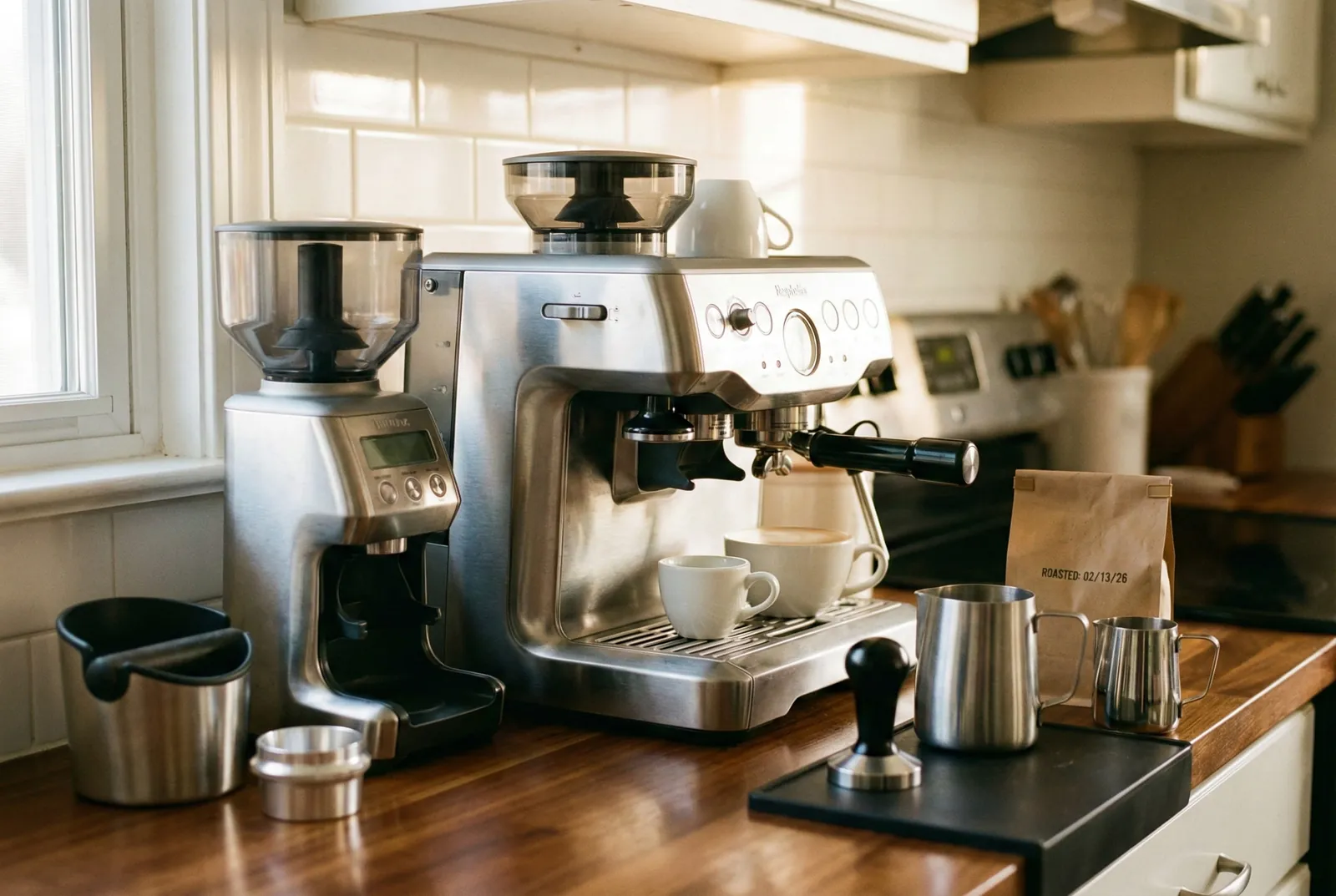 Home espresso station with an espresso machine, grinder, knock box, tamper and milk pitchers