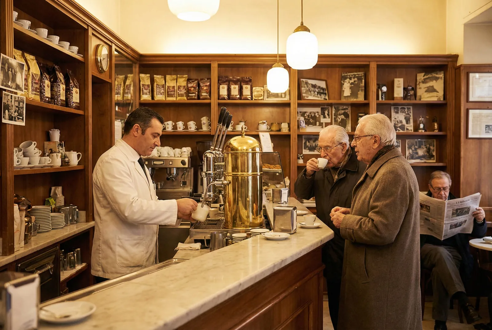 Barista in a white jacket serving customers at the counter of a traditional Italian coffee bar