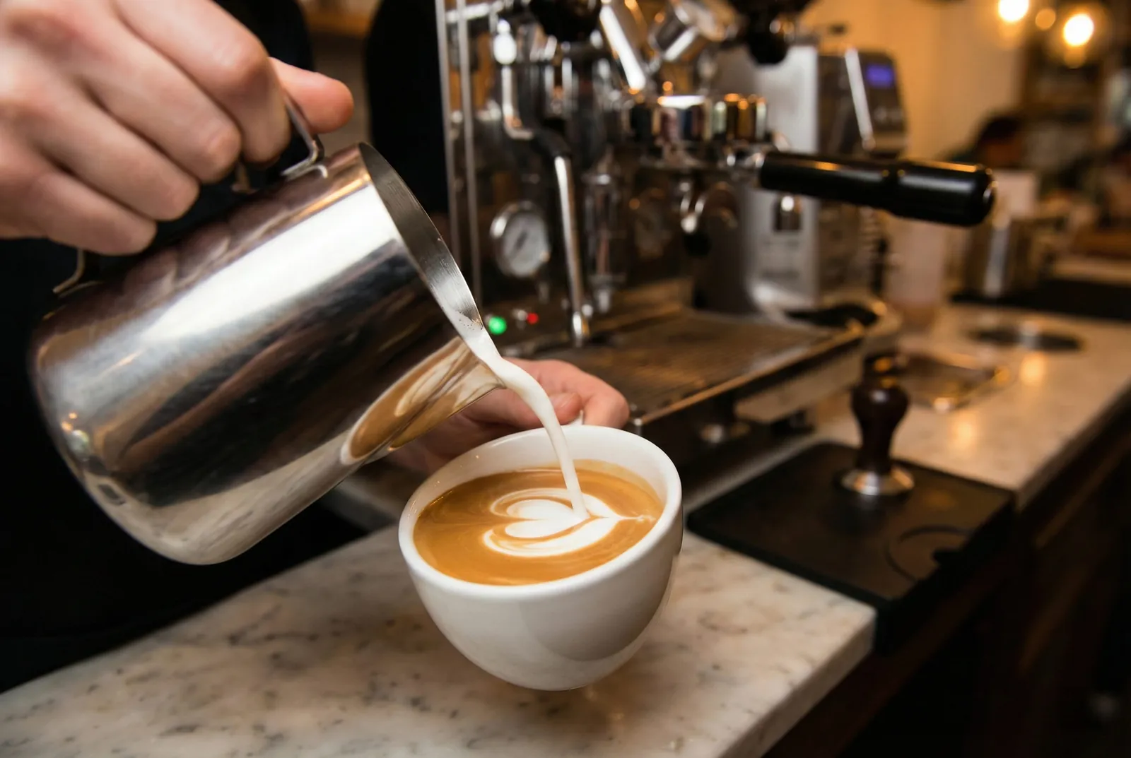 Pouring steamed milk from a stainless pitcher into a latte to form latte art