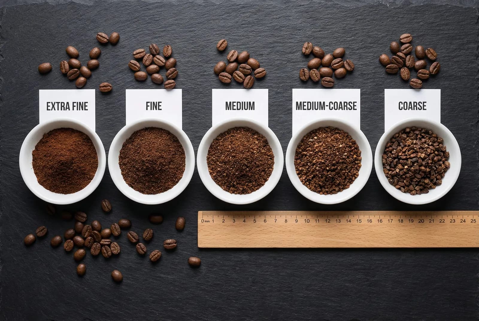Coffee grind sizes from extra fine espresso to coarse French press