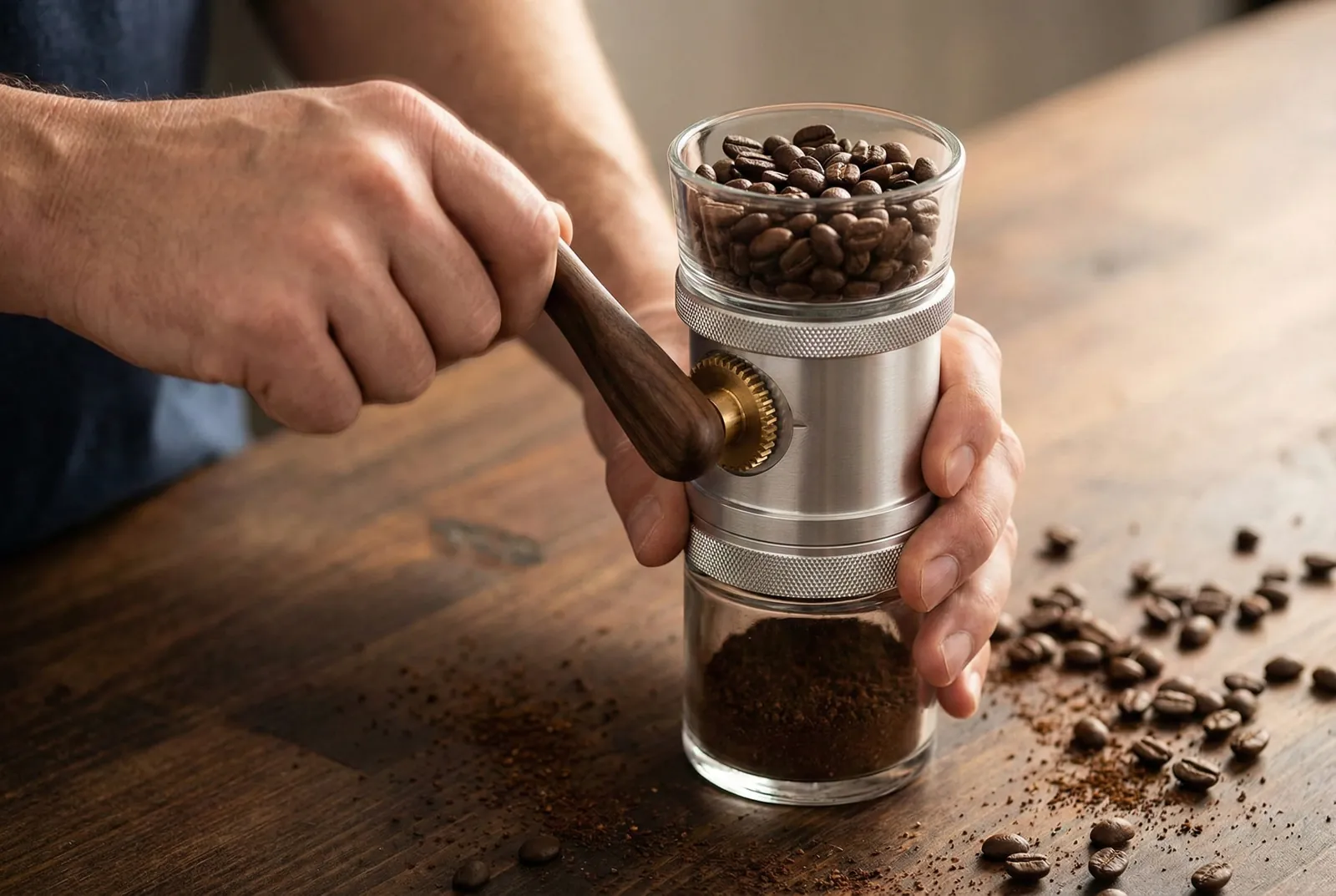 Hand turning the crank of a manual coffee grinder filled with beans, with ground coffee collecting below