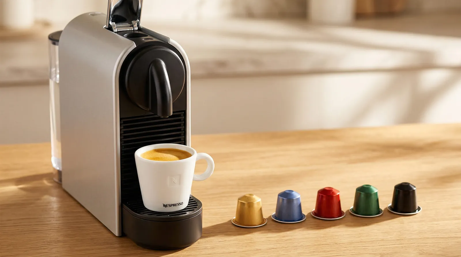 Compact silver Nespresso Original machine with an espresso cup and a row of small Original capsules