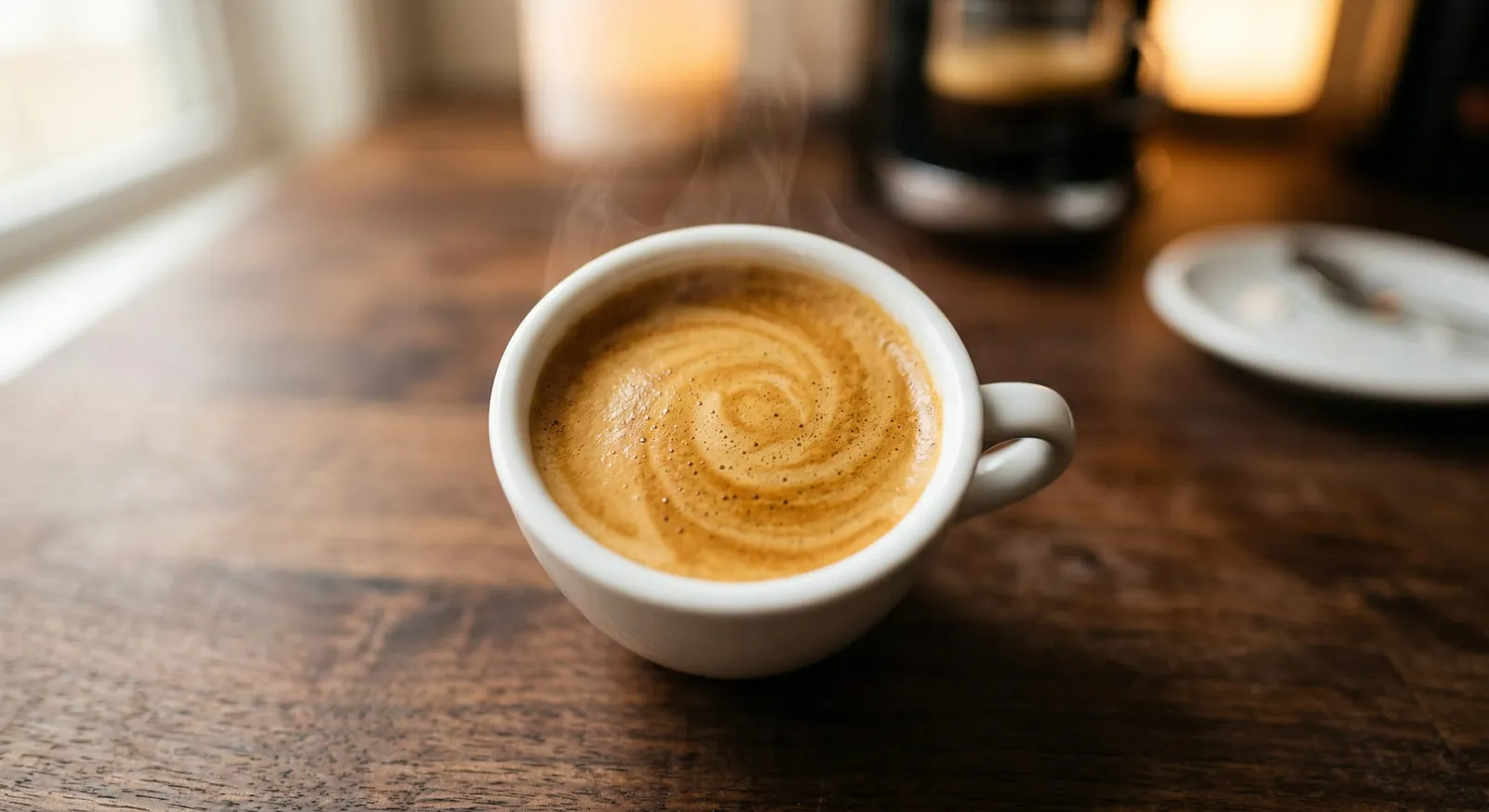 Overhead close-up of Nespresso Vertuo espresso in white cup with thick golden crema — vertuo espresso quality nespresso system comparison