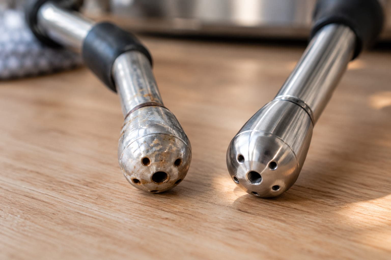 Side-by-side comparison of a clogged steam wand tip with dried milk residue next to a clean, polished steam wand tip