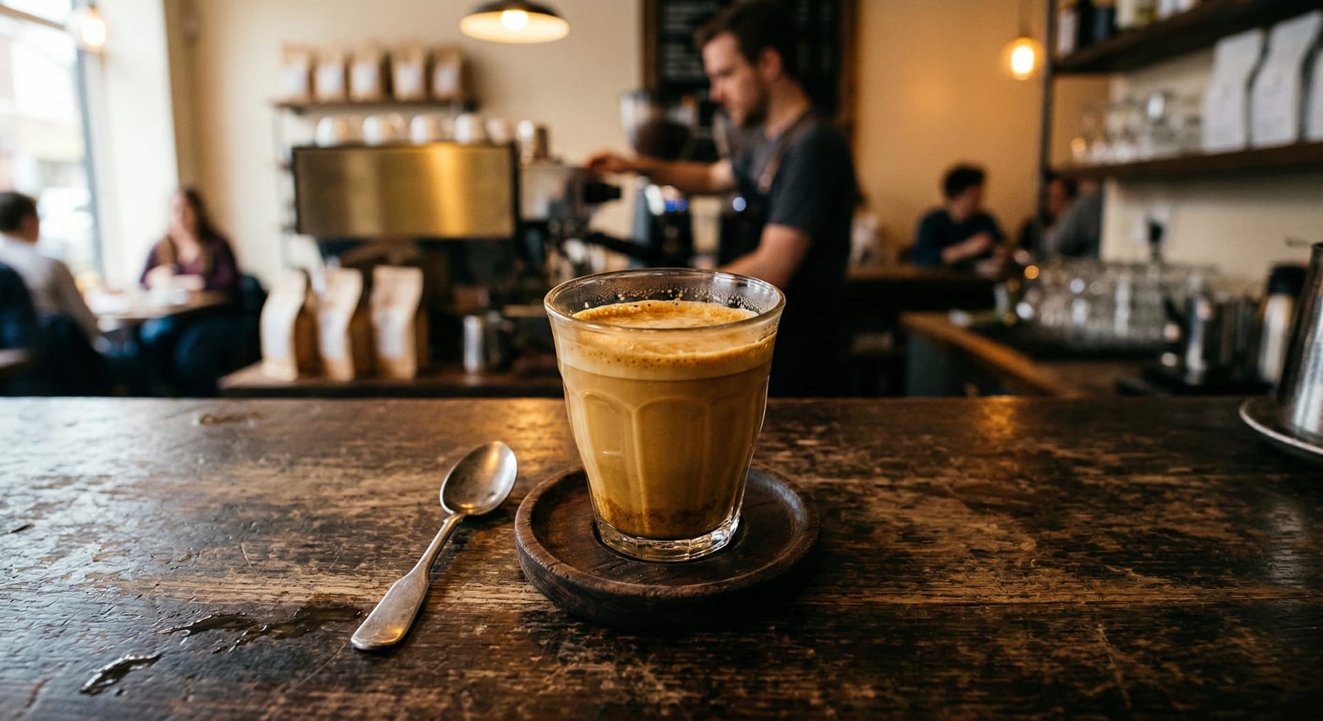 Cortado coffee drink in a clear Gibraltar glass on a dark espresso bar — 4 oz Spanish espresso drink with perfect 1:1 espresso-to-milk ratio and thin crema layer