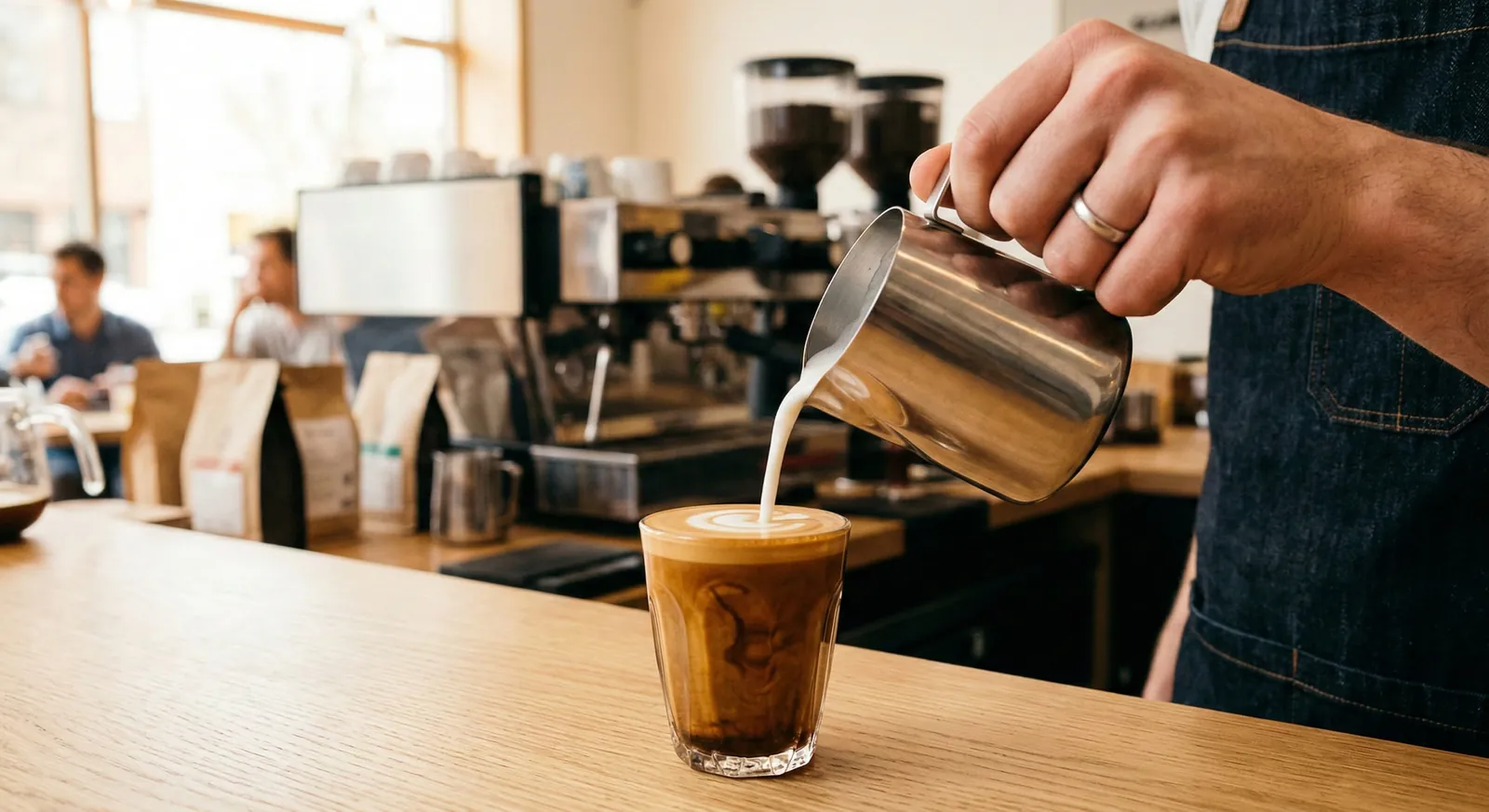Barista pouring steamed milk from a small steel pitcher into a cortado glass, capturing mid-pour silk microfoam integrating with espresso