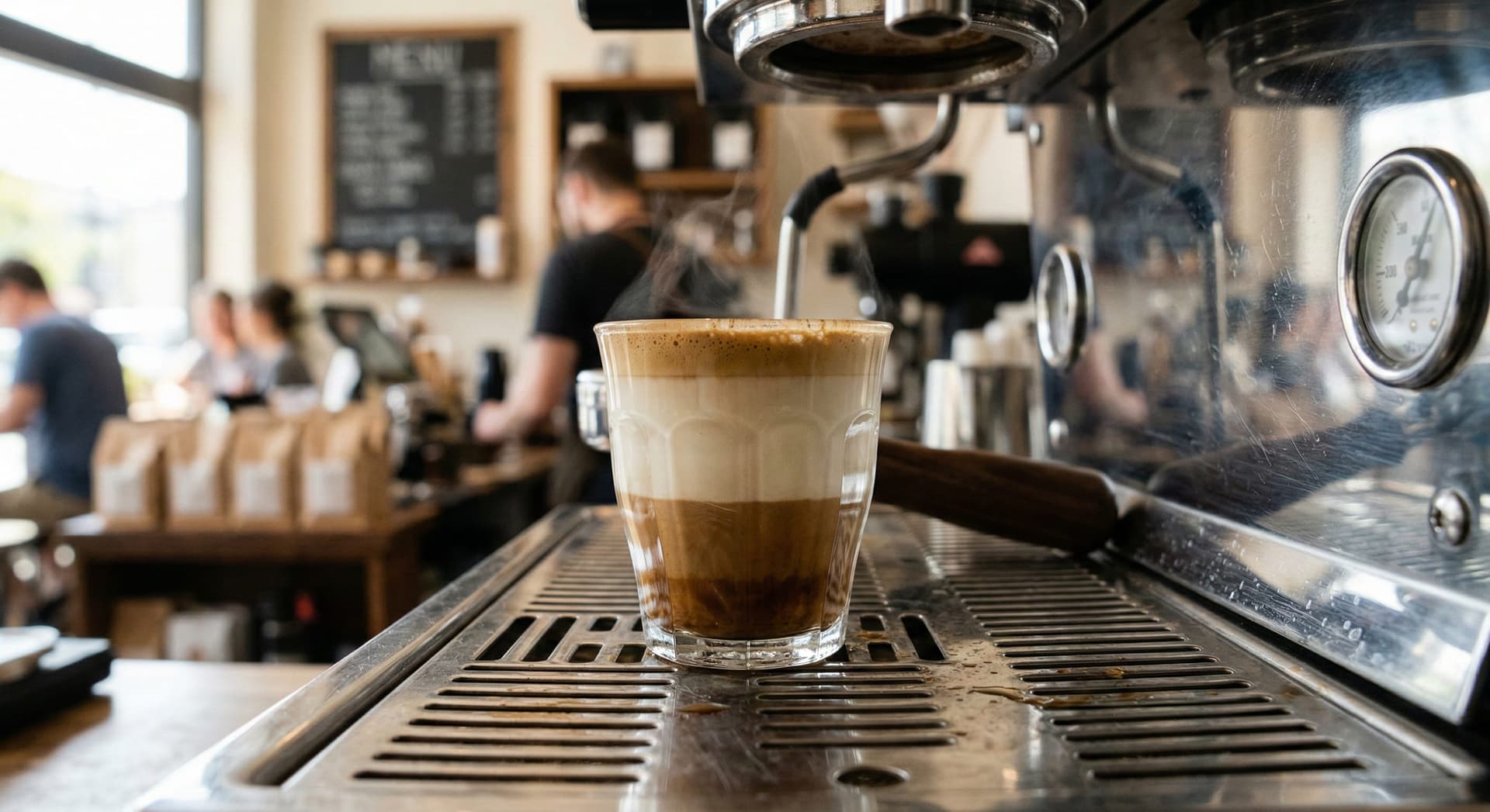 Cortado coffee drink in a 4.5 oz Gibraltar glass on espresso machine drip tray — standard glassware for a Spanish espresso drink cortado showing correct cortado size