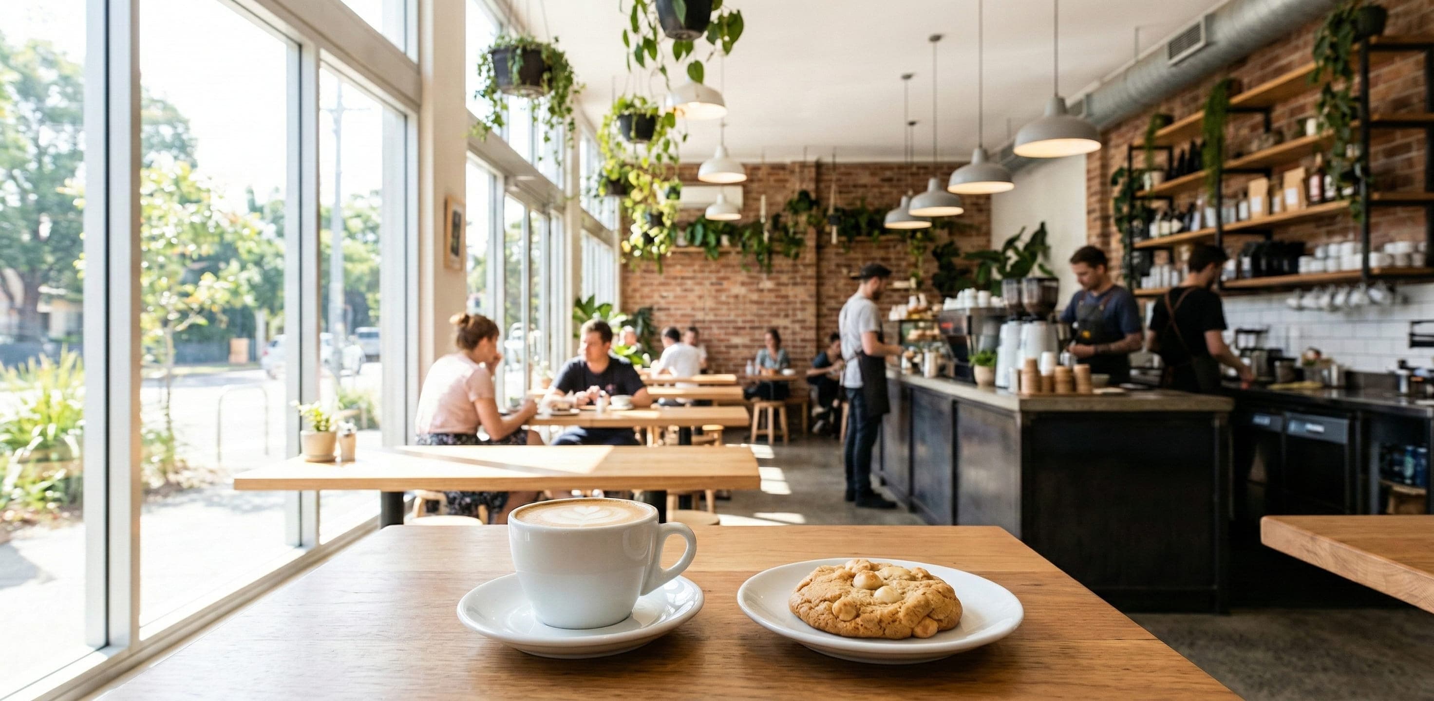 Flat white in a white cup on a table in a bright, busy café